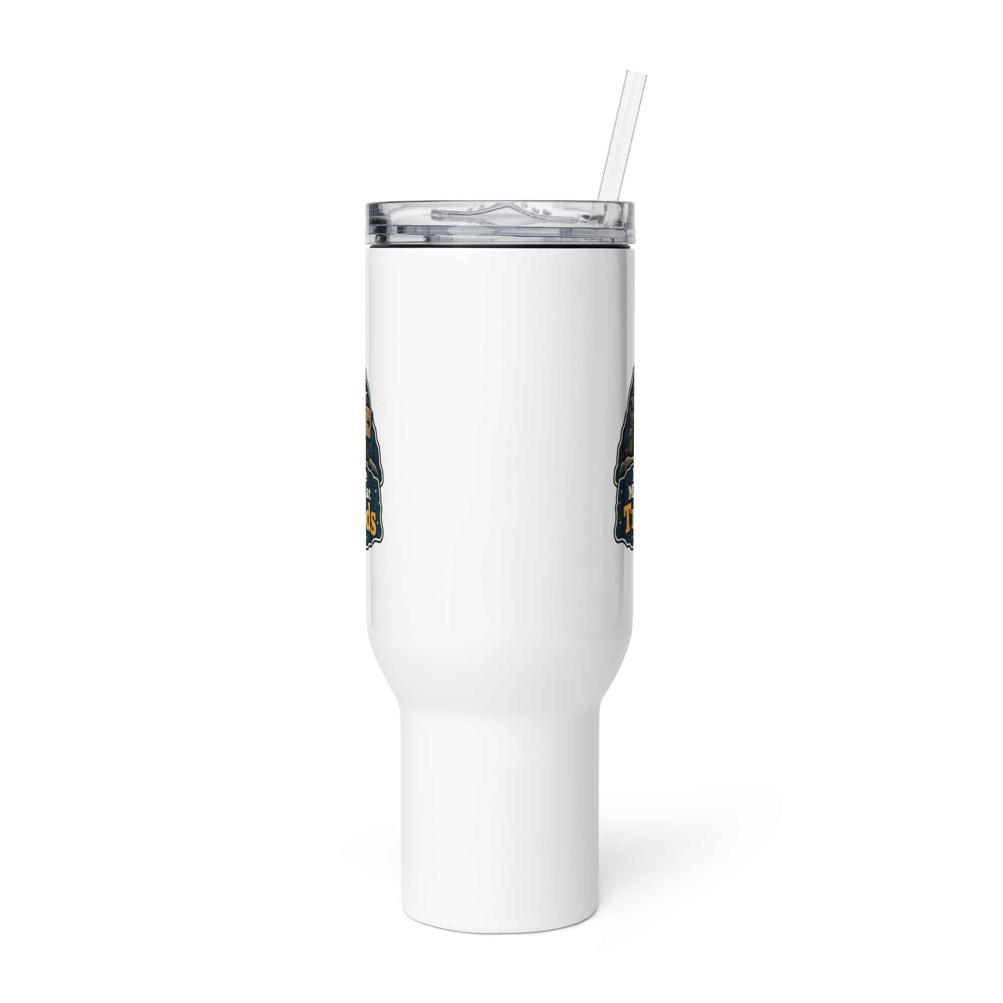 Nature and Adventure Travel Mug: My Favorite Meetings Are at Trailheads, Scenic Shield Badge