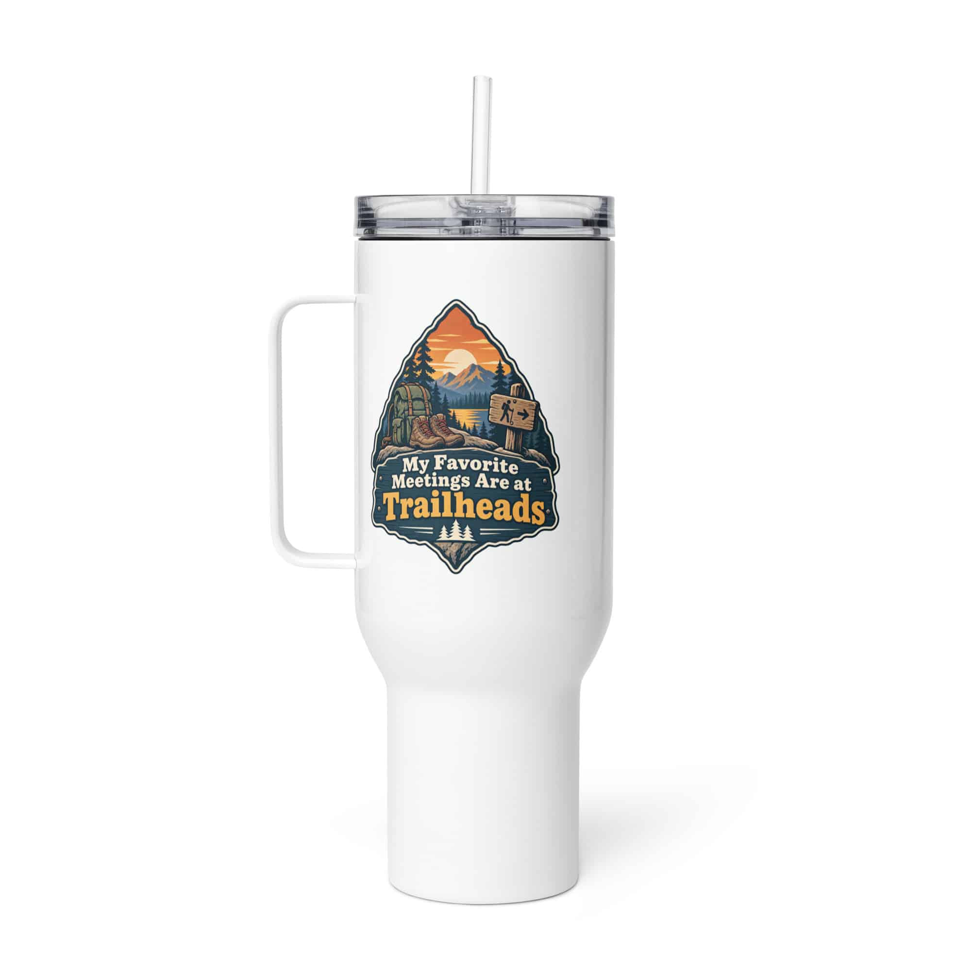 Nature and Adventure Travel Mug: My Favorite Meetings Are at Trailheads, Scenic Shield Badge