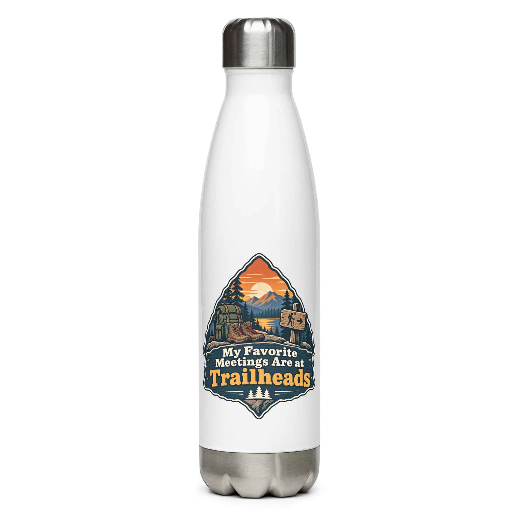Nature and Adventure Stainless Steel Water Bottle: My Favorite Meetings Are at Trailheads, Scenic Shield Badge