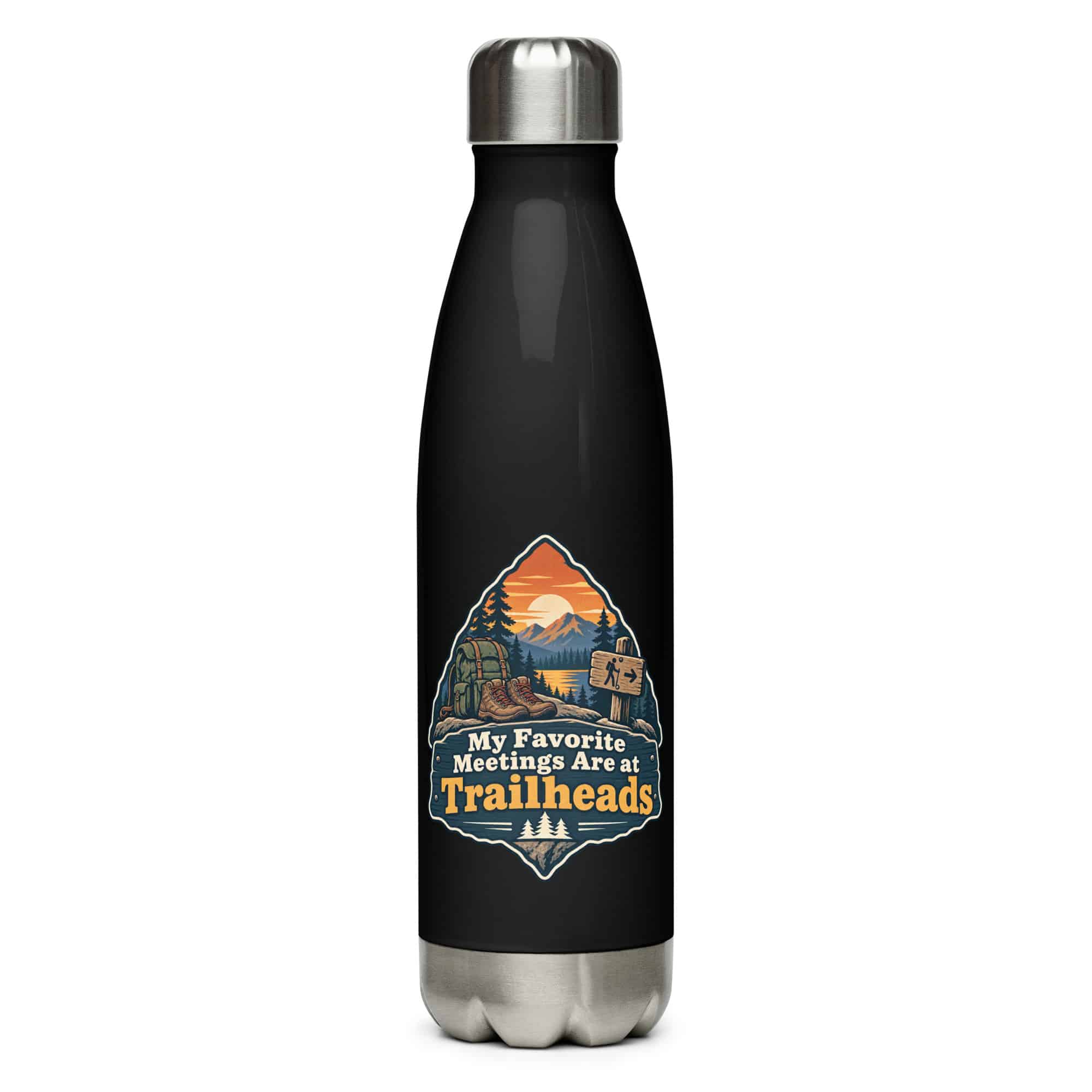 Nature and Adventure Stainless Steel Water Bottle: My Favorite Meetings Are at Trailheads, Scenic Shield Badge