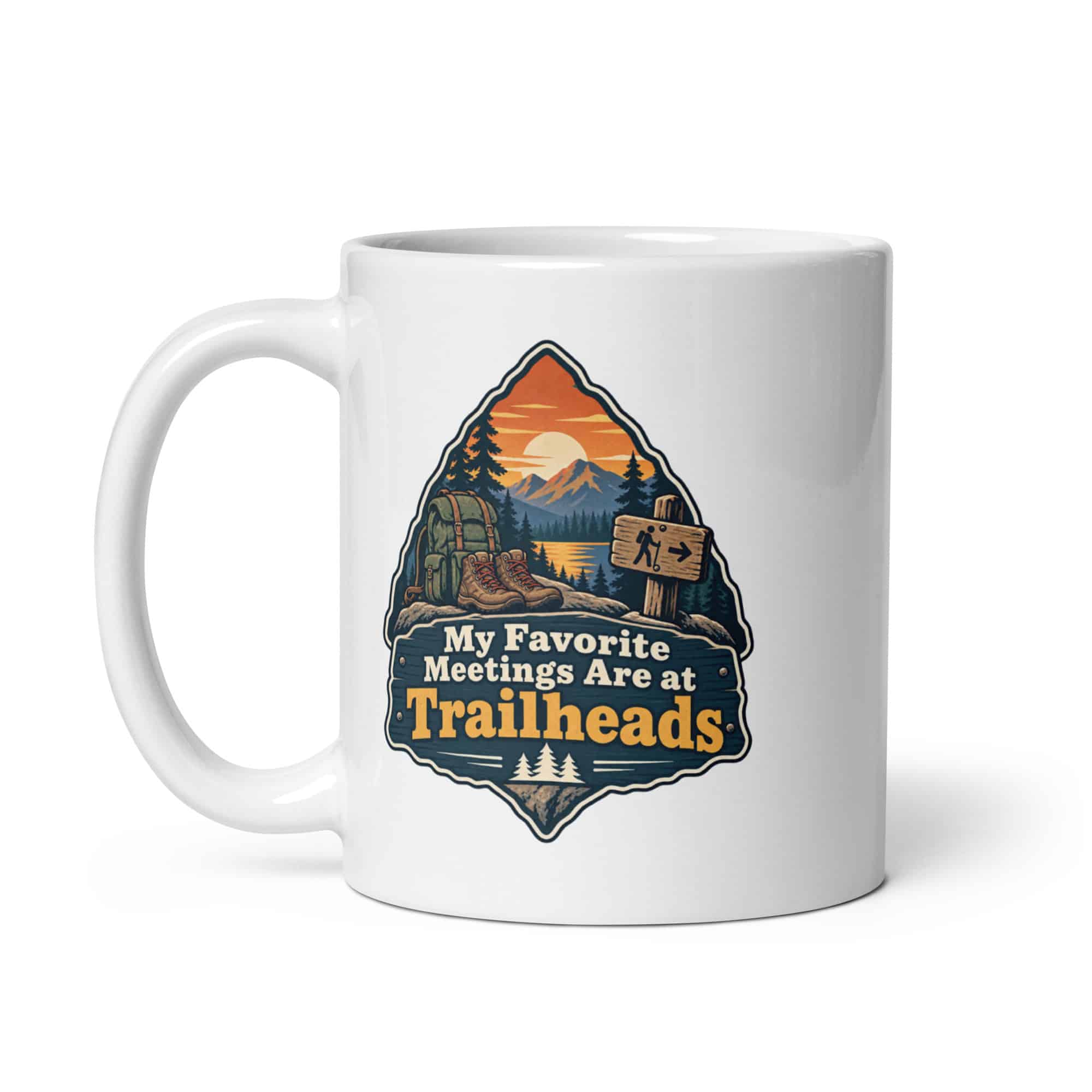 Nature and Adventure White Ceramic Coffee Mug: My Favorite Meetings Are at Trailheads, Scenic Shield Badge