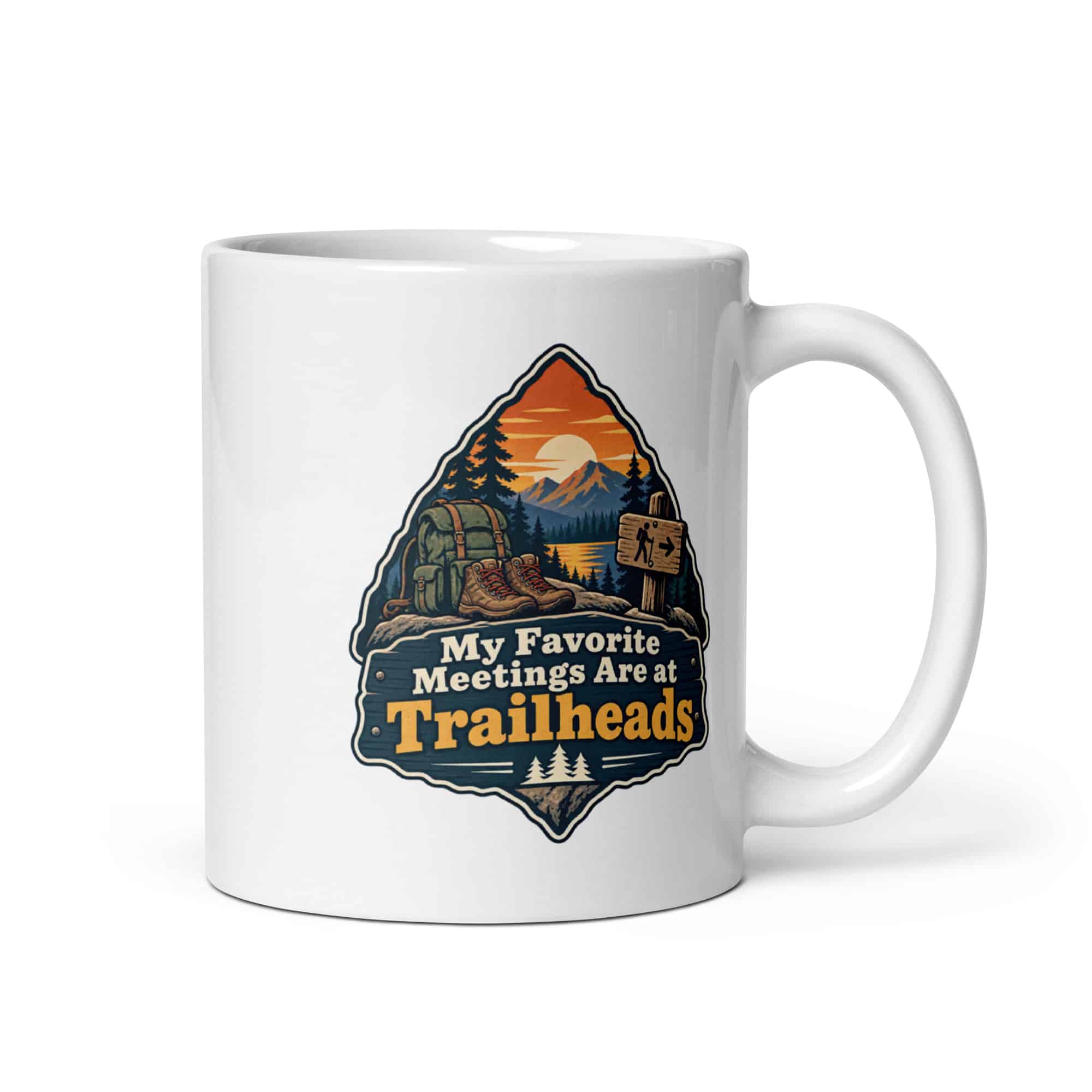 Nature and Adventure White Ceramic Coffee Mug: My Favorite Meetings Are at Trailheads, Scenic Shield Badge