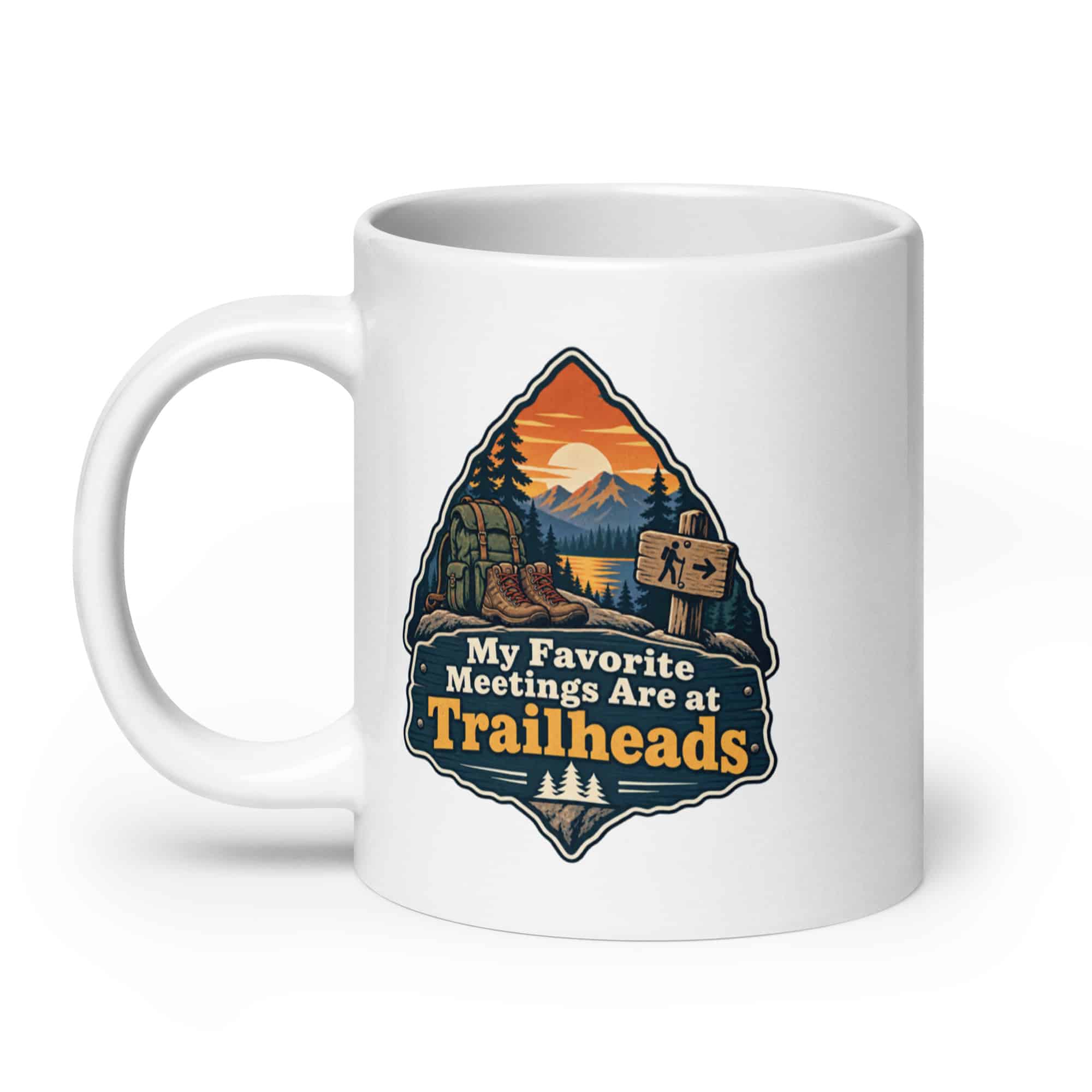 Nature and Adventure White Ceramic Coffee Mug: My Favorite Meetings Are at Trailheads, Scenic Shield Badge