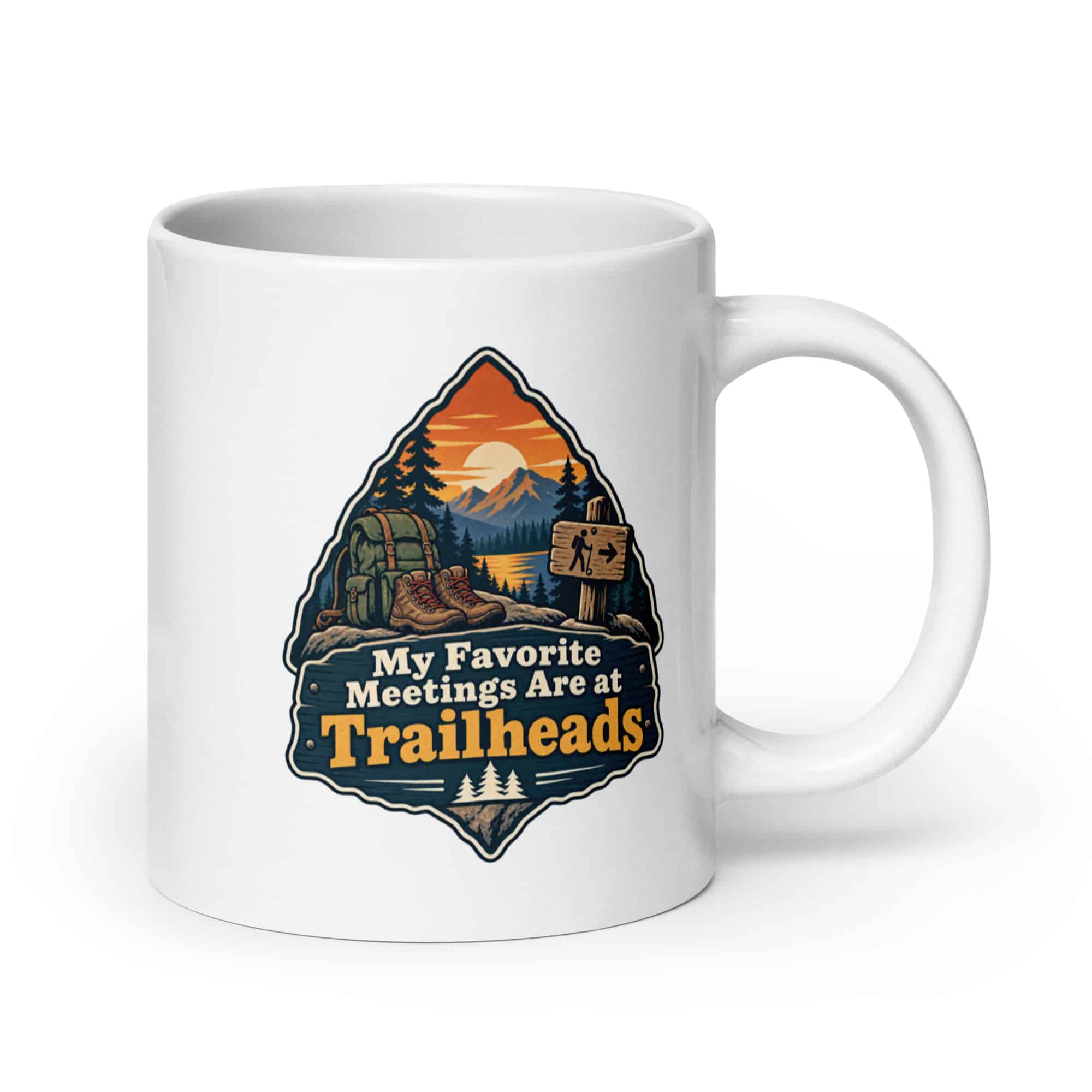 Nature and Adventure White Ceramic Coffee Mug: My Favorite Meetings Are at Trailheads, Scenic Shield Badge