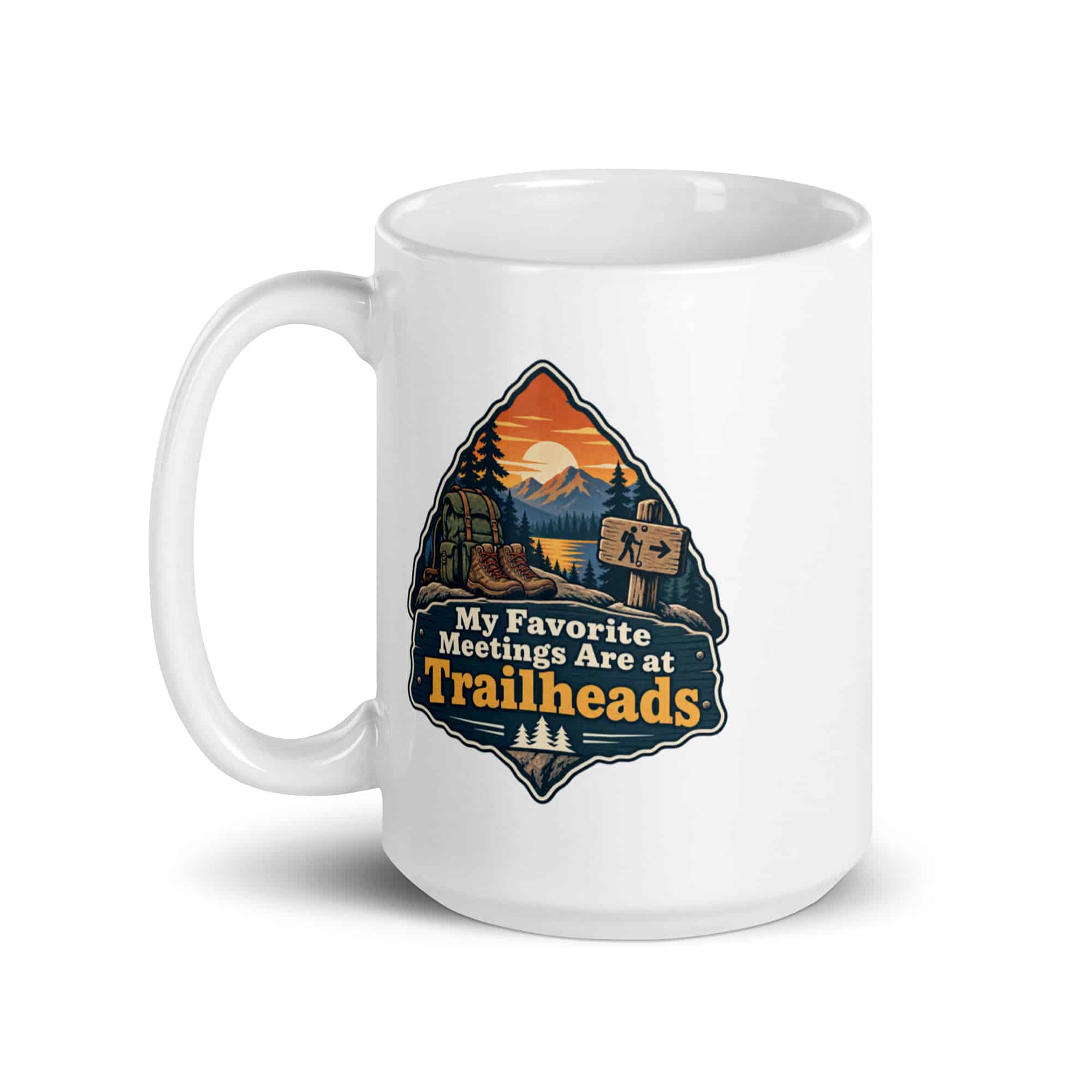 Nature and Adventure White Ceramic Coffee Mug: My Favorite Meetings Are at Trailheads, Scenic Shield Badge