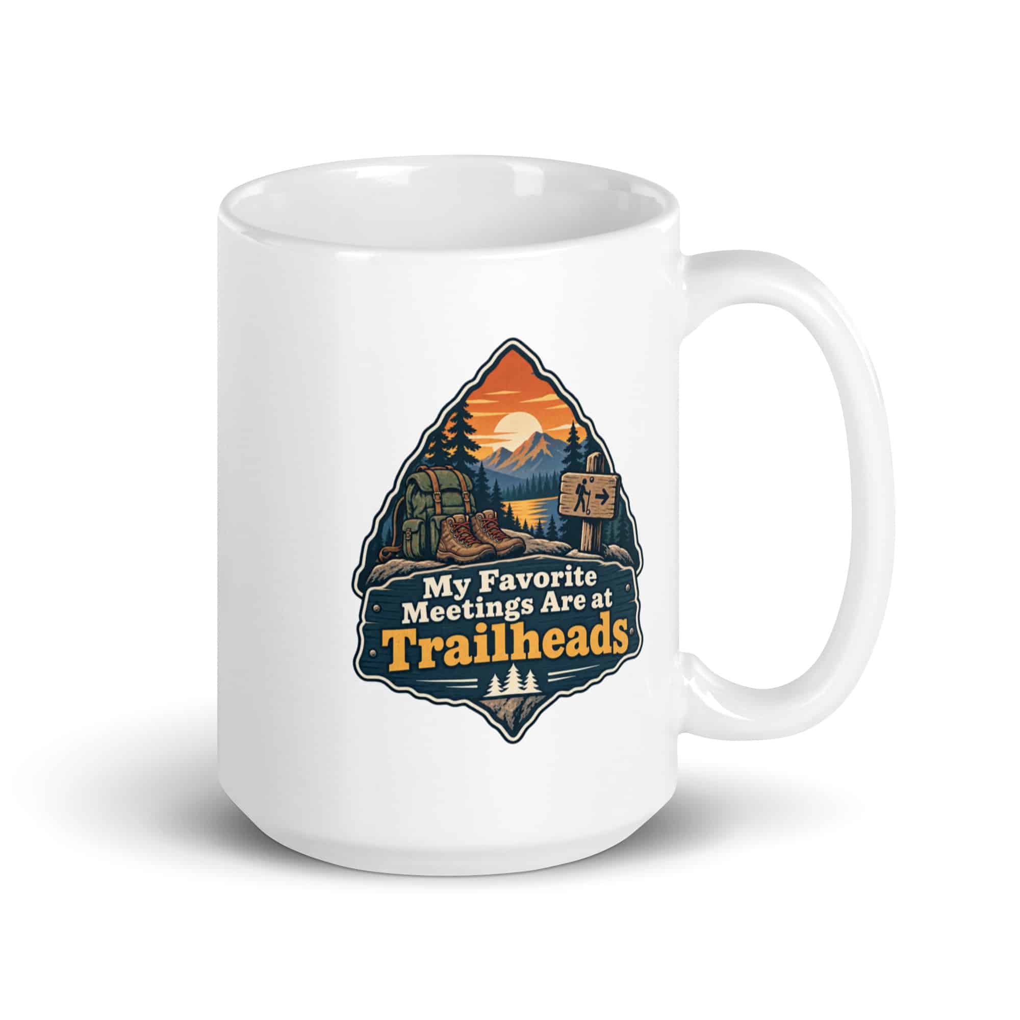 Nature and Adventure White Ceramic Coffee Mug: My Favorite Meetings Are at Trailheads, Scenic Shield Badge