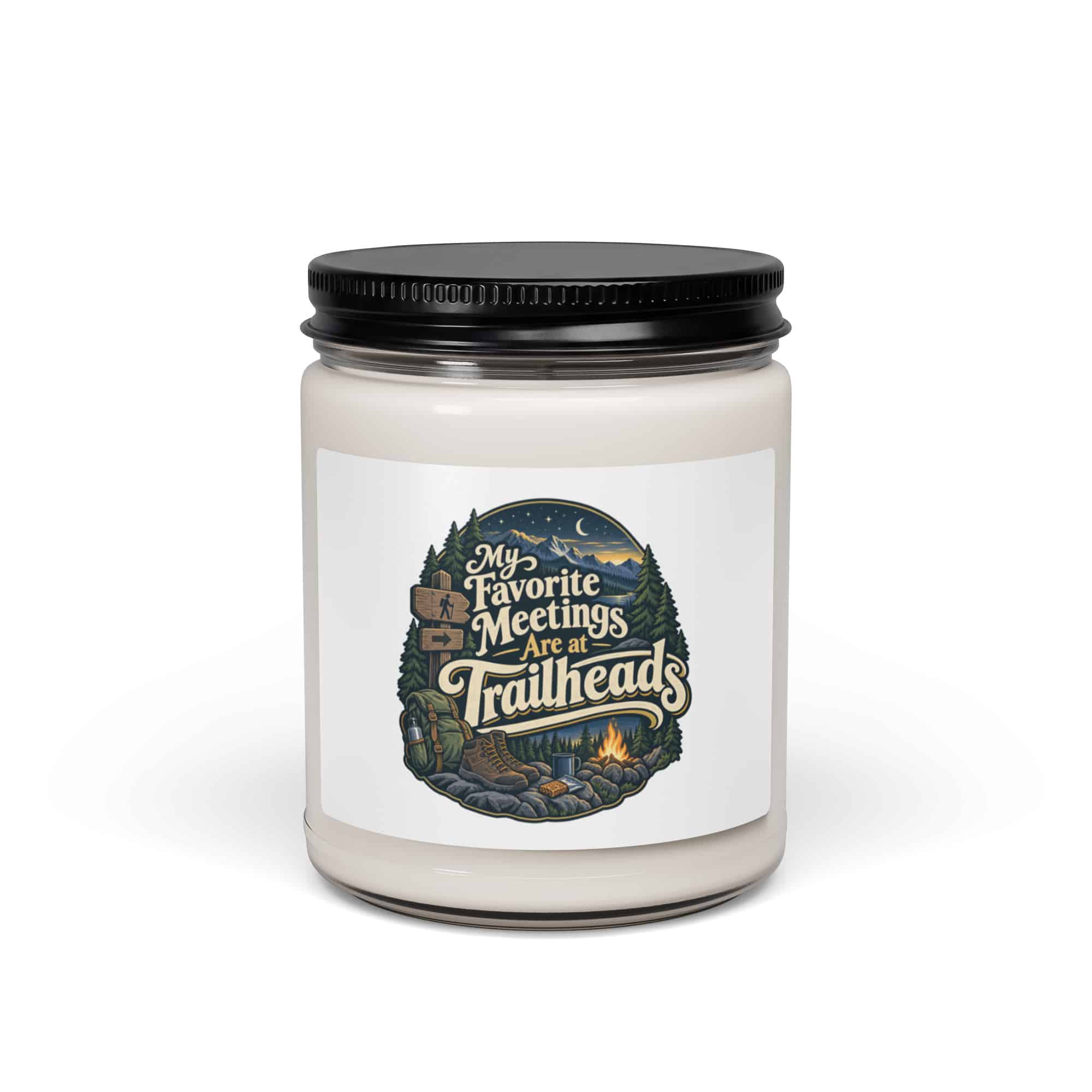 Nature and Adventure Soy Wax Candle: My Favorite Meetings Are at Trailheads, Woodland Scenic Lettering