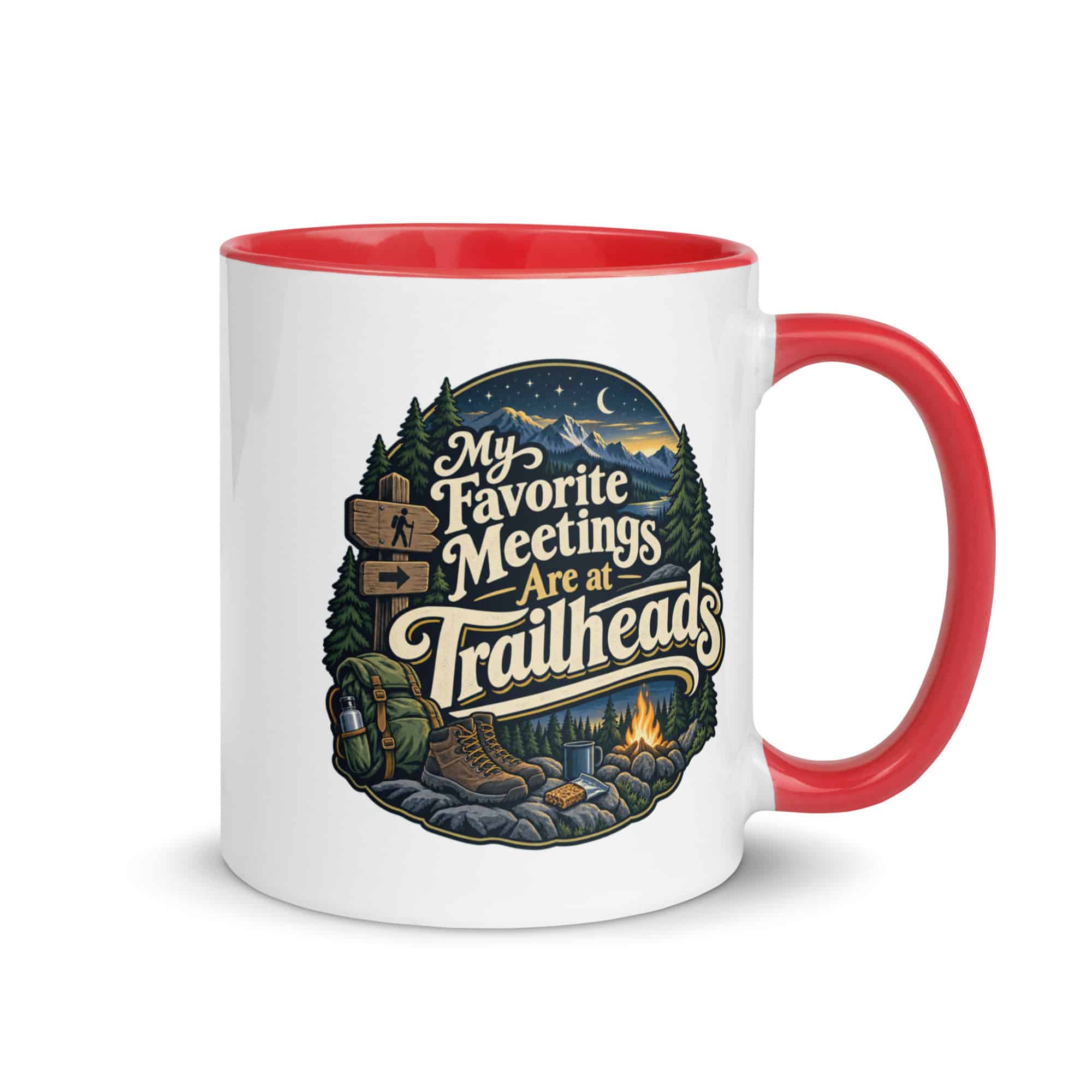 Nature and Adventure Color Inside Coffee Mug: My Favorite Meetings Are at Trailheads, Woodland Scenic Lettering