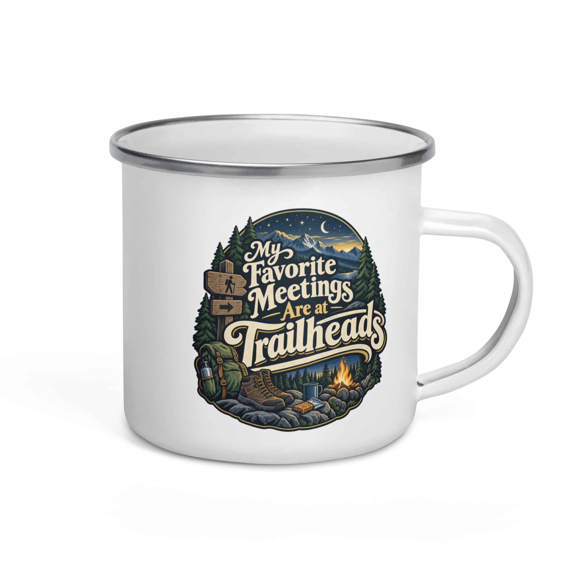 Nature and Adventure Enamel Camp Mug: My Favorite Meetings Are at Trailheads, Woodland Scenic Lettering
