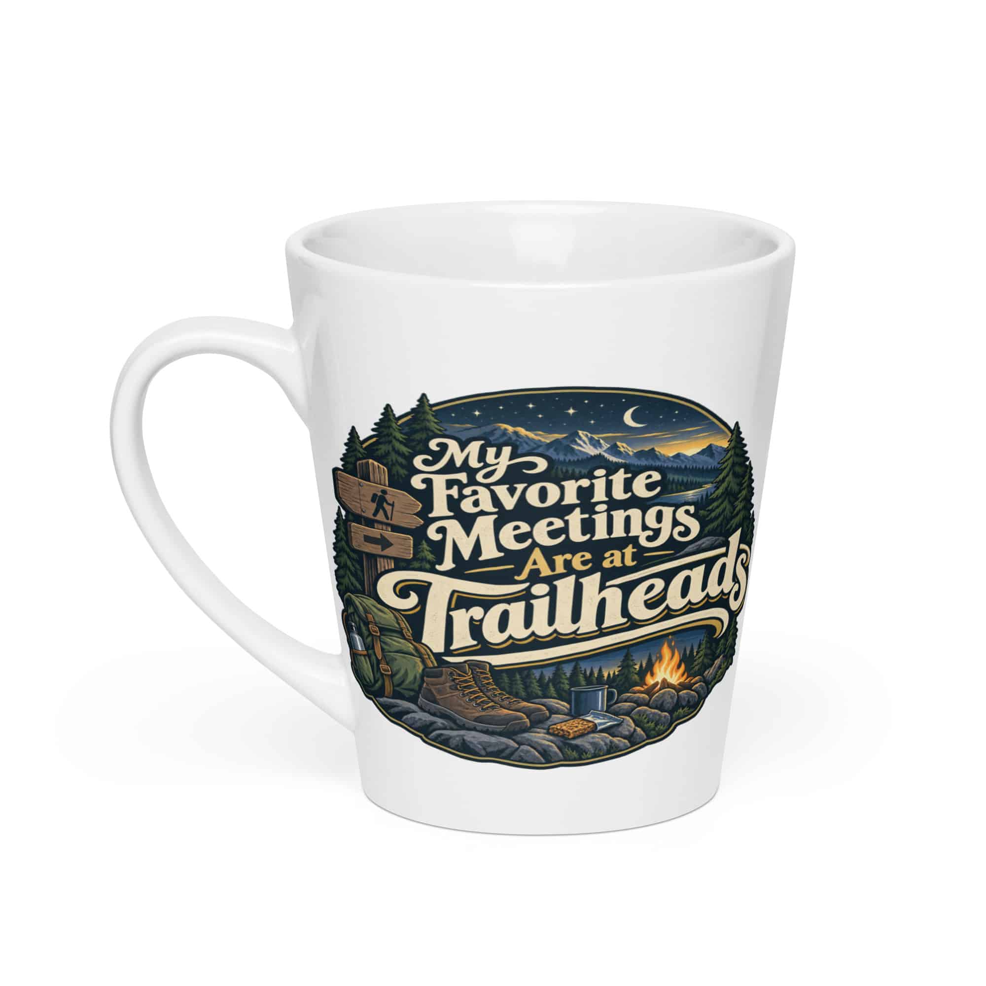 Nature and Adventure Latte Mug: My Favorite Meetings Are at Trailheads, Woodland Scenic Lettering