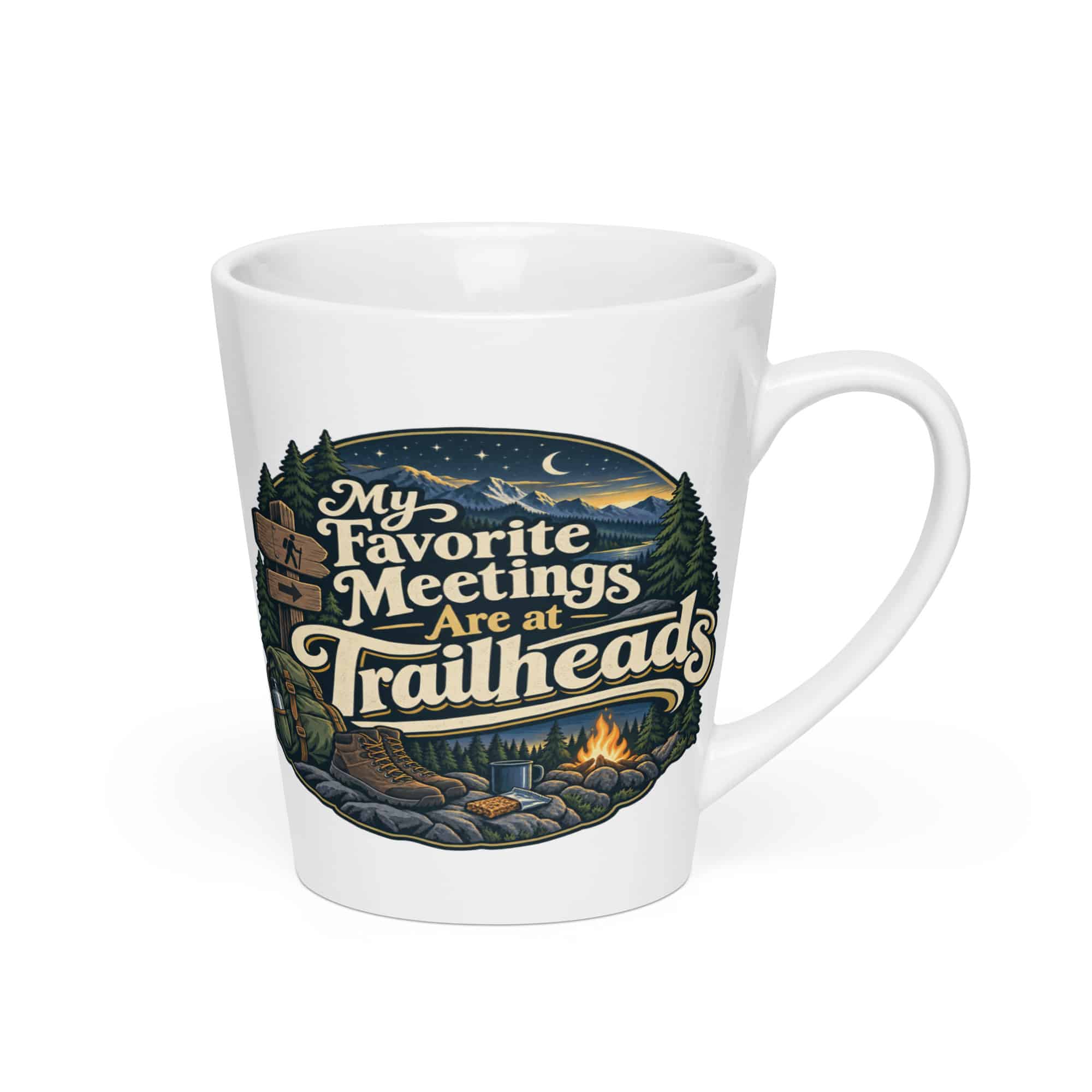 Nature and Adventure Latte Mug: My Favorite Meetings Are at Trailheads, Woodland Scenic Lettering