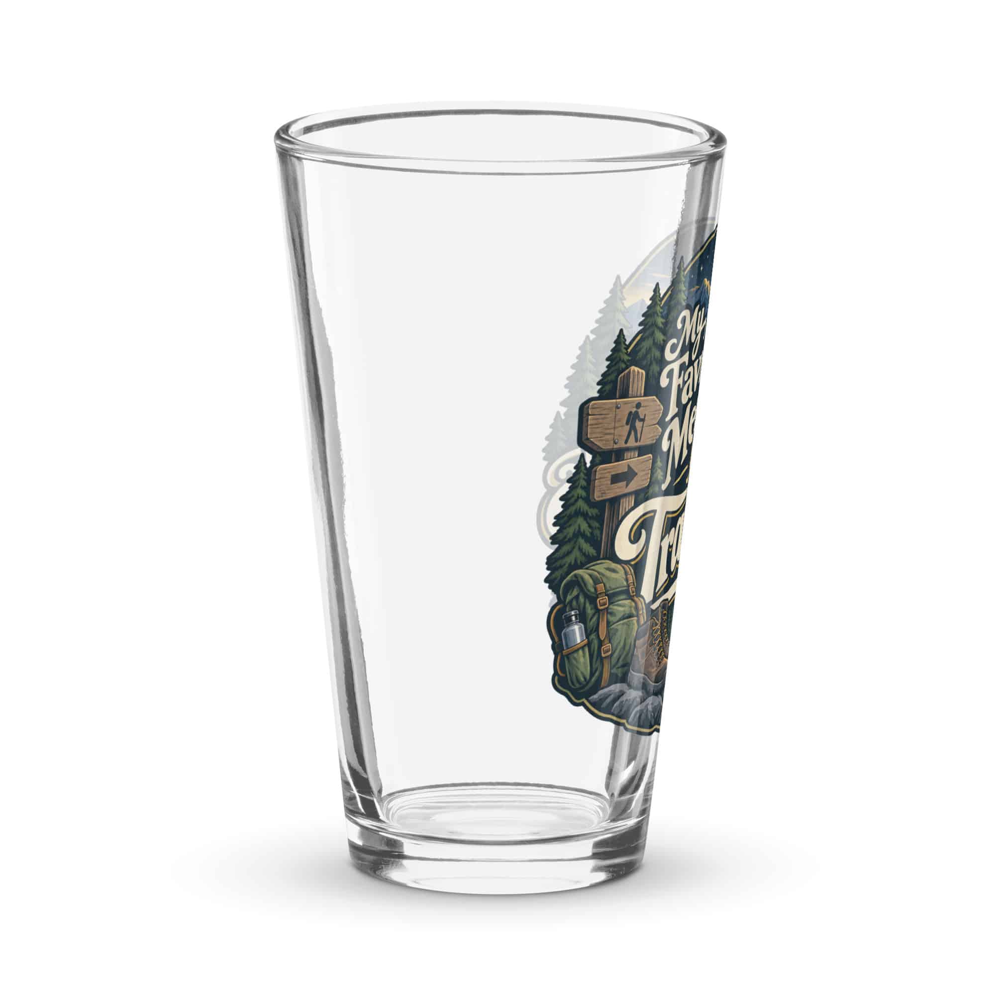 Nature and Adventure Pint Glass: My Favorite Meetings Are at Trailheads, Woodland Scenic Lettering