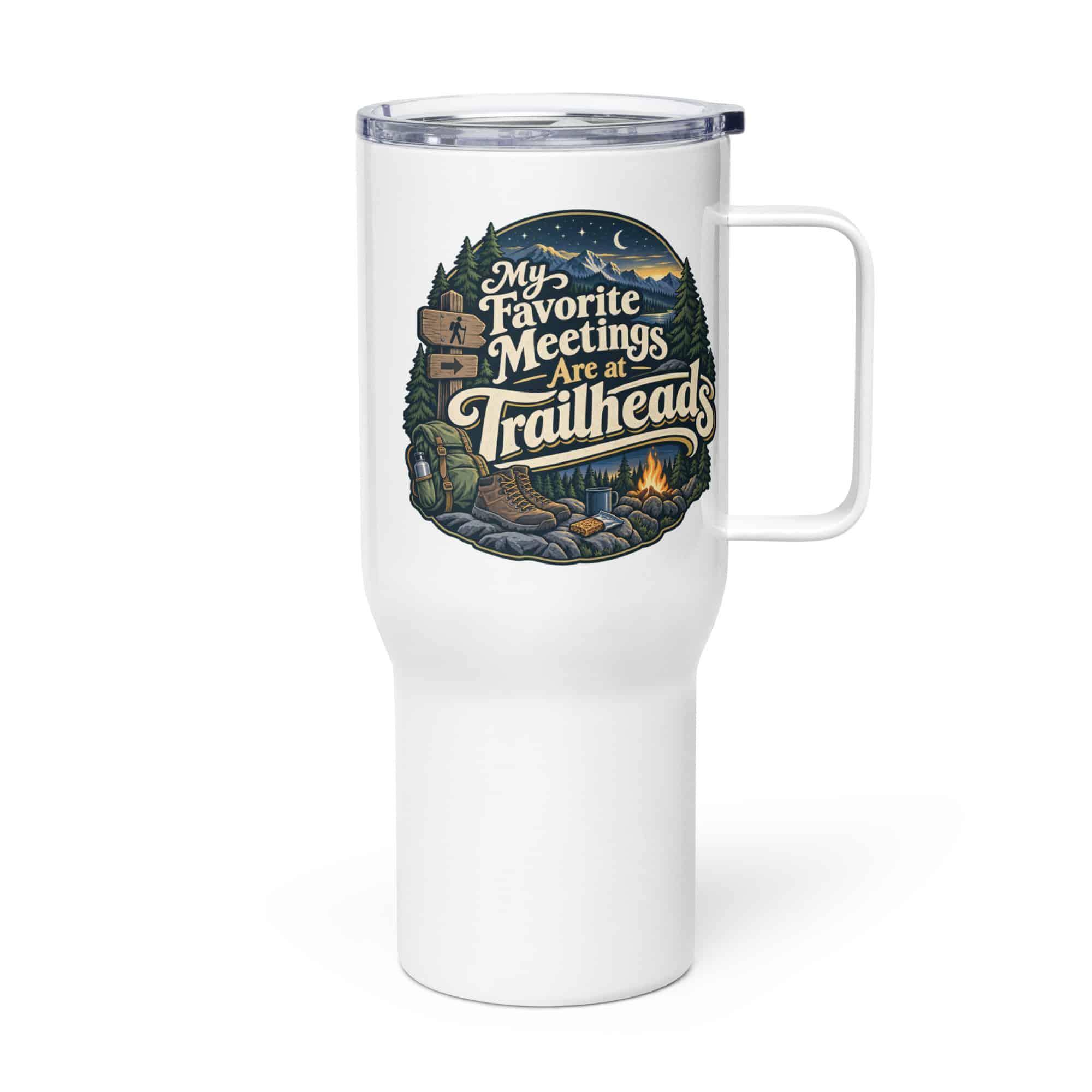 Nature and Adventure Travel Mug: My Favorite Meetings Are at Trailheads, Woodland Scenic Lettering
