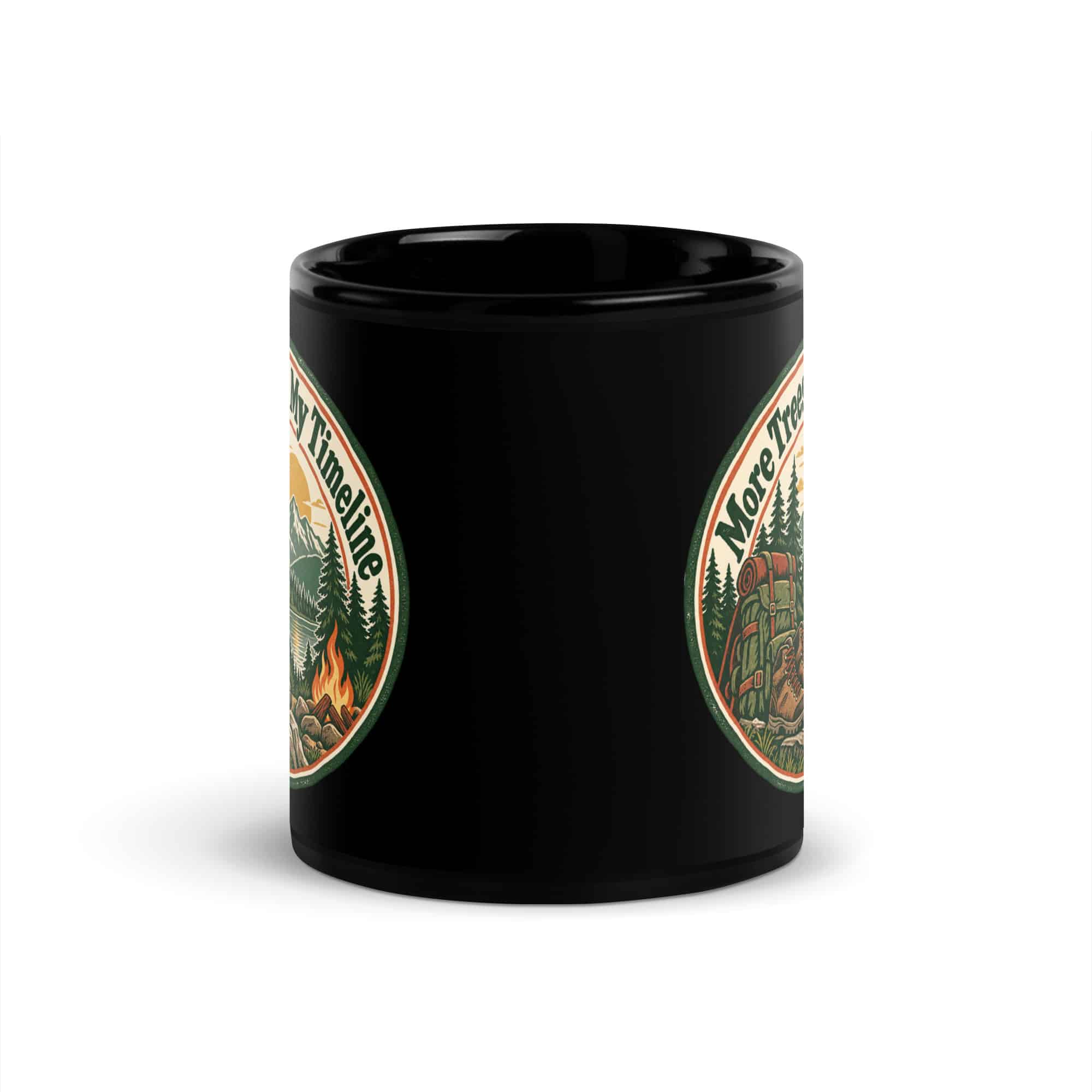 Nature and Adventure Black Coffee Mug: More Trees in My Timeline, Vintage Round Badge