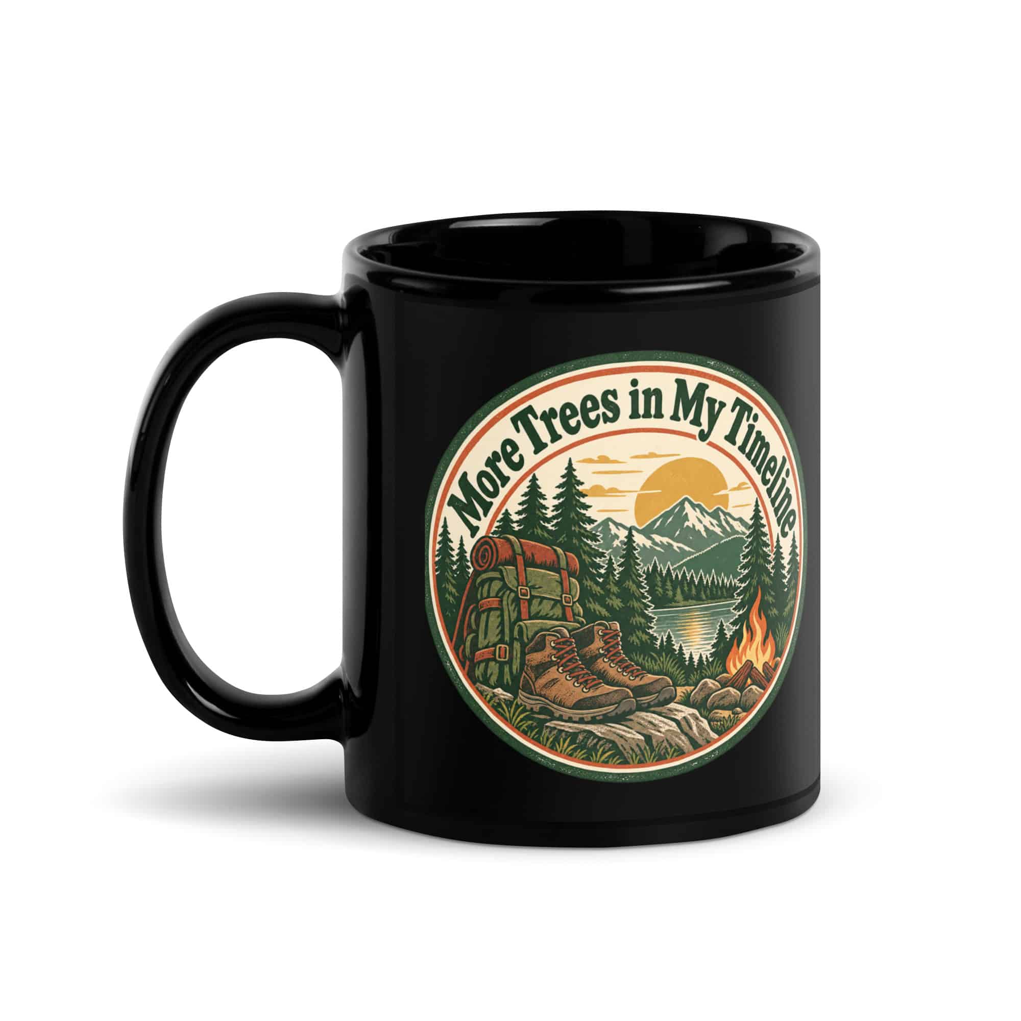 Nature and Adventure Black Coffee Mug: More Trees in My Timeline, Vintage Round Badge