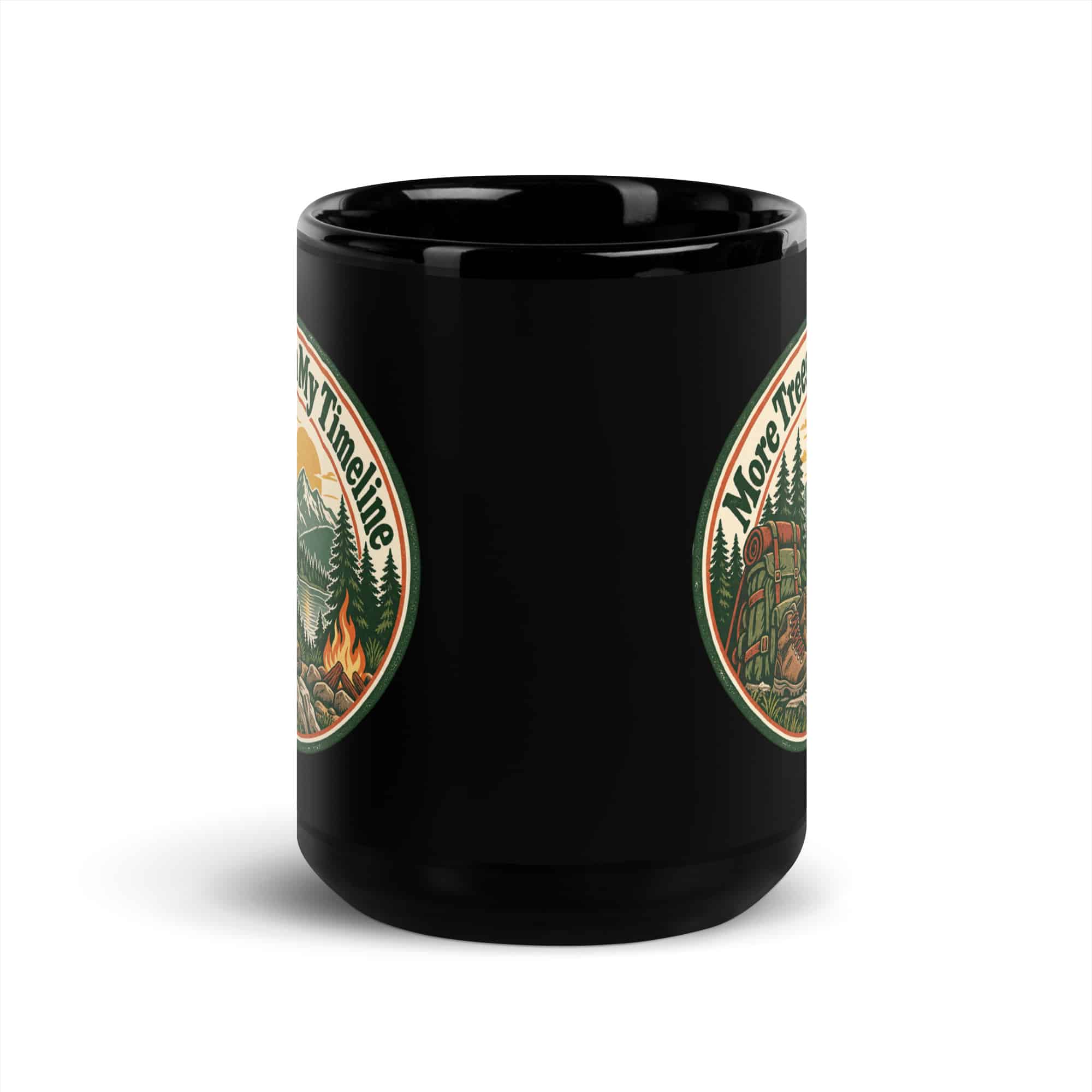 Nature and Adventure Black Coffee Mug: More Trees in My Timeline, Vintage Round Badge
