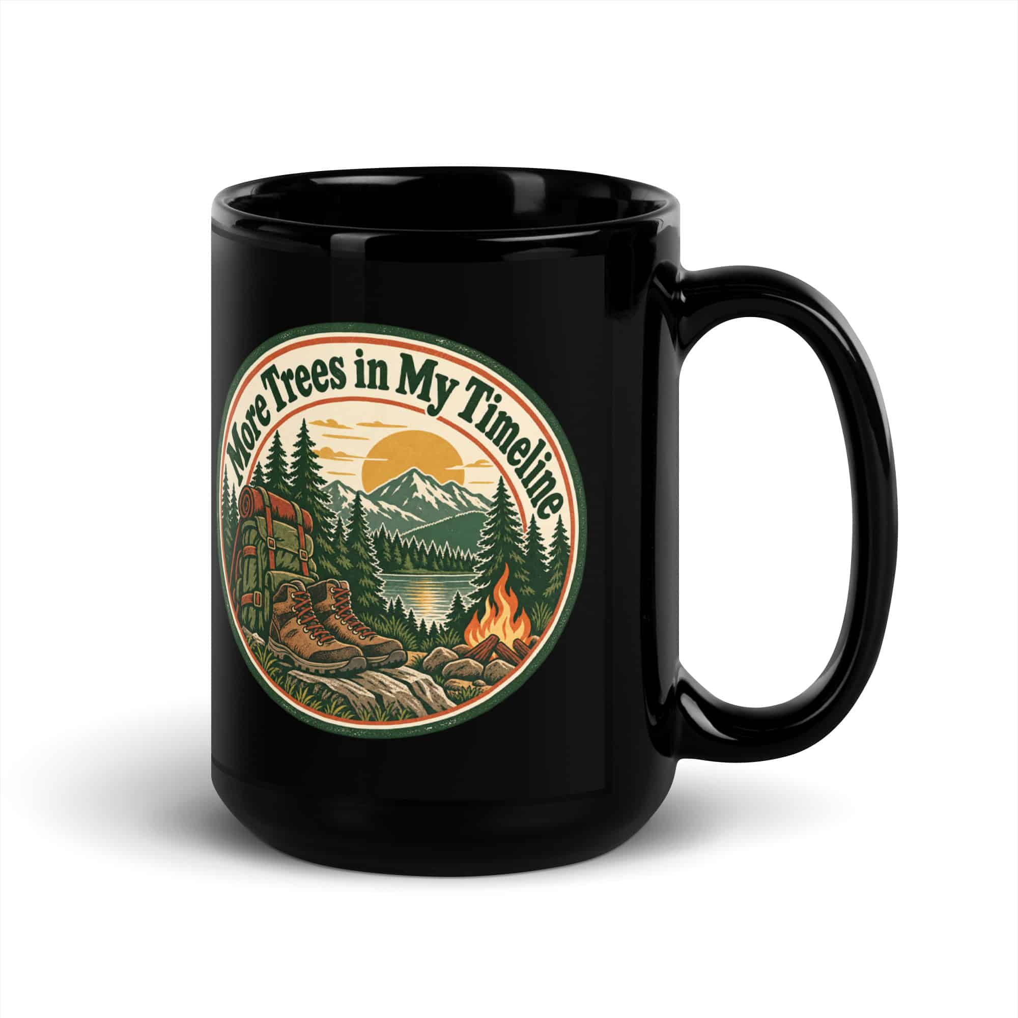 Nature and Adventure Black Coffee Mug: More Trees in My Timeline, Vintage Round Badge