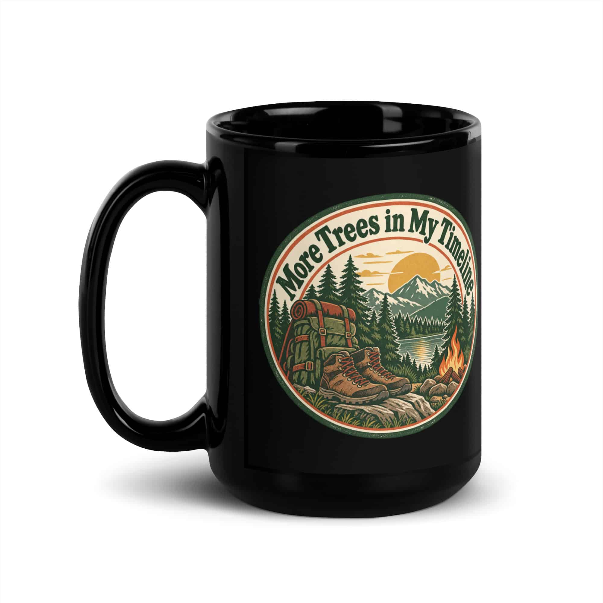 Nature and Adventure Black Coffee Mug: More Trees in My Timeline, Vintage Round Badge