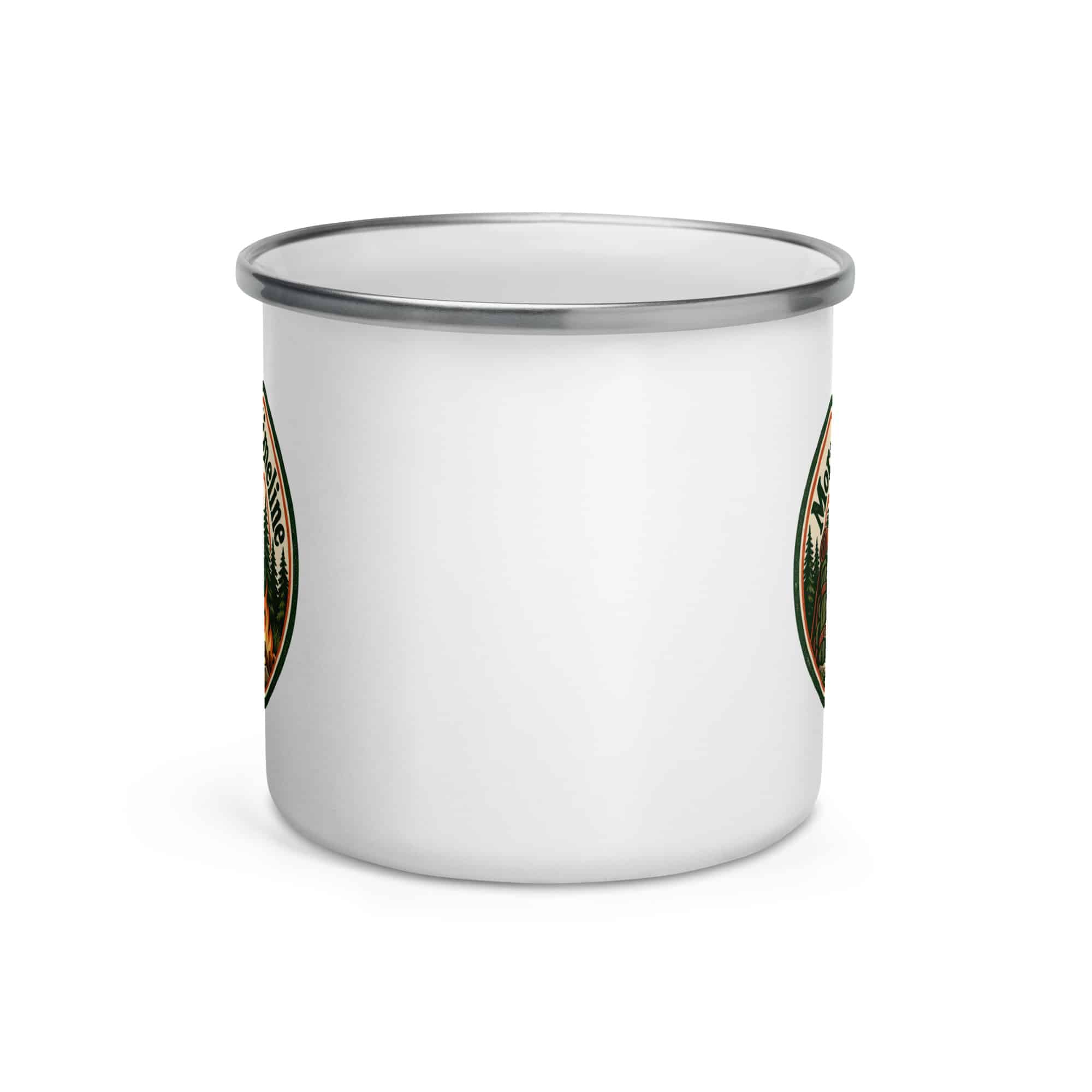 Nature and Adventure Enamel Camp Mug: More Trees in My Timeline, Vintage Round Badge
