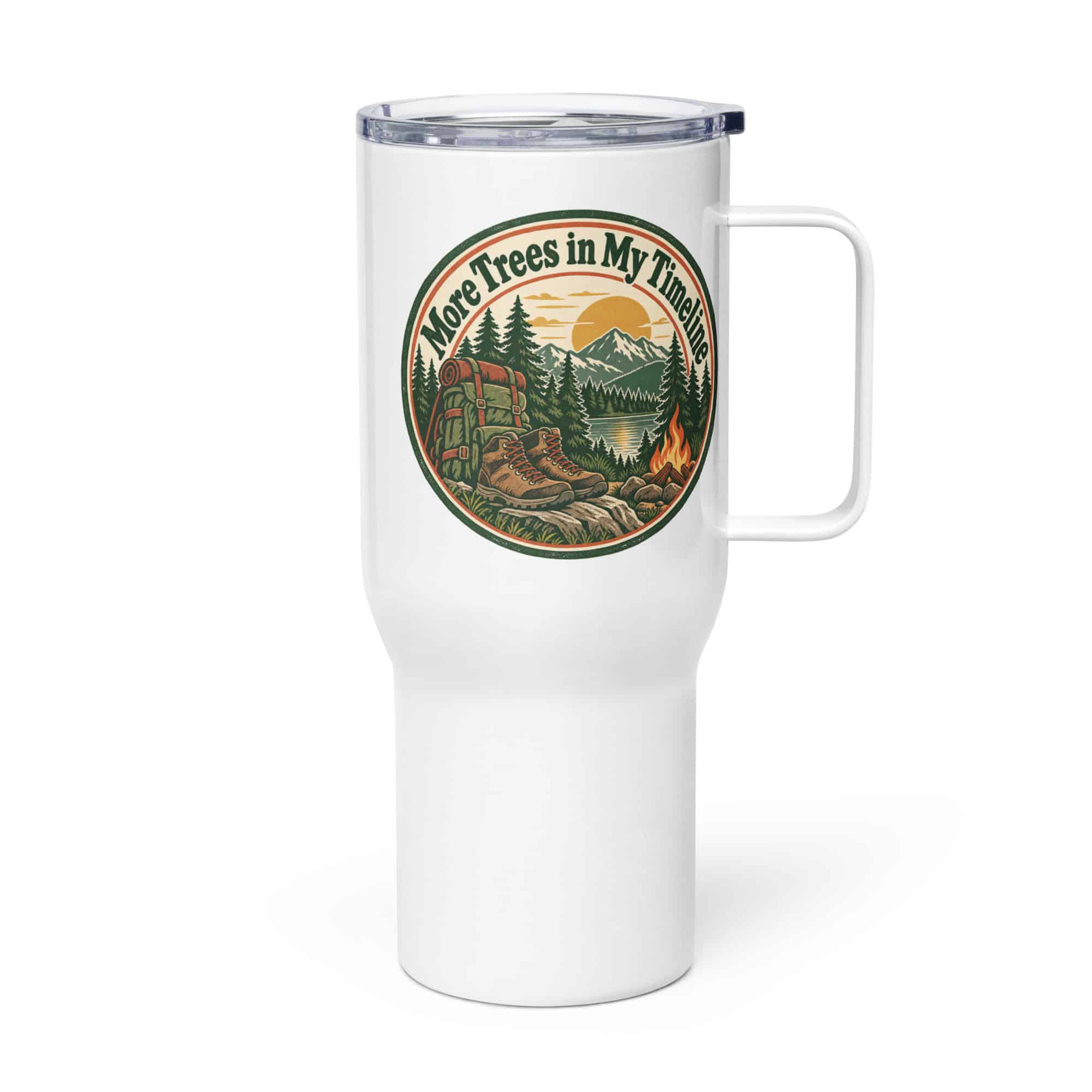 Nature and Adventure Travel Mug: More Trees in My Timeline, Vintage Round Badge