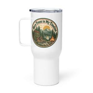 Nature and Adventure Travel Mug: More Trees in My Timeline, Vintage Round Badge - 25 oz - Main