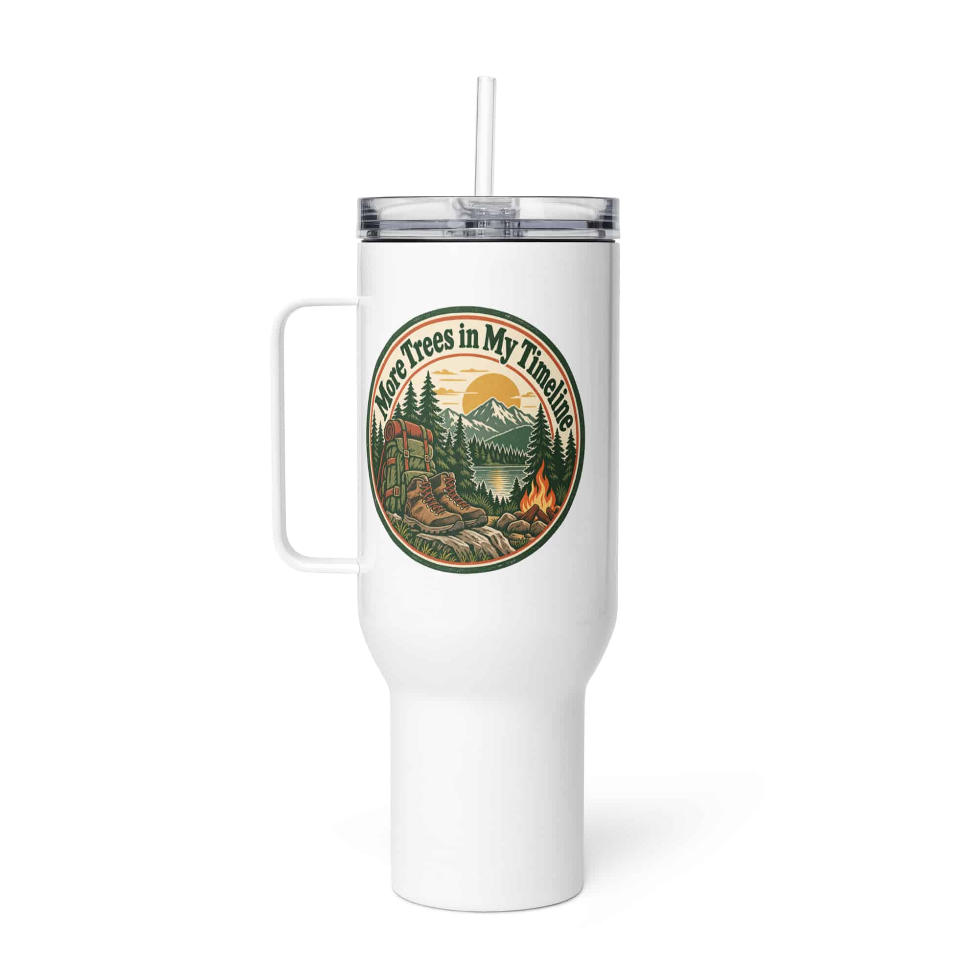 Nature and Adventure Travel Mug: More Trees in My Timeline, Vintage Round Badge