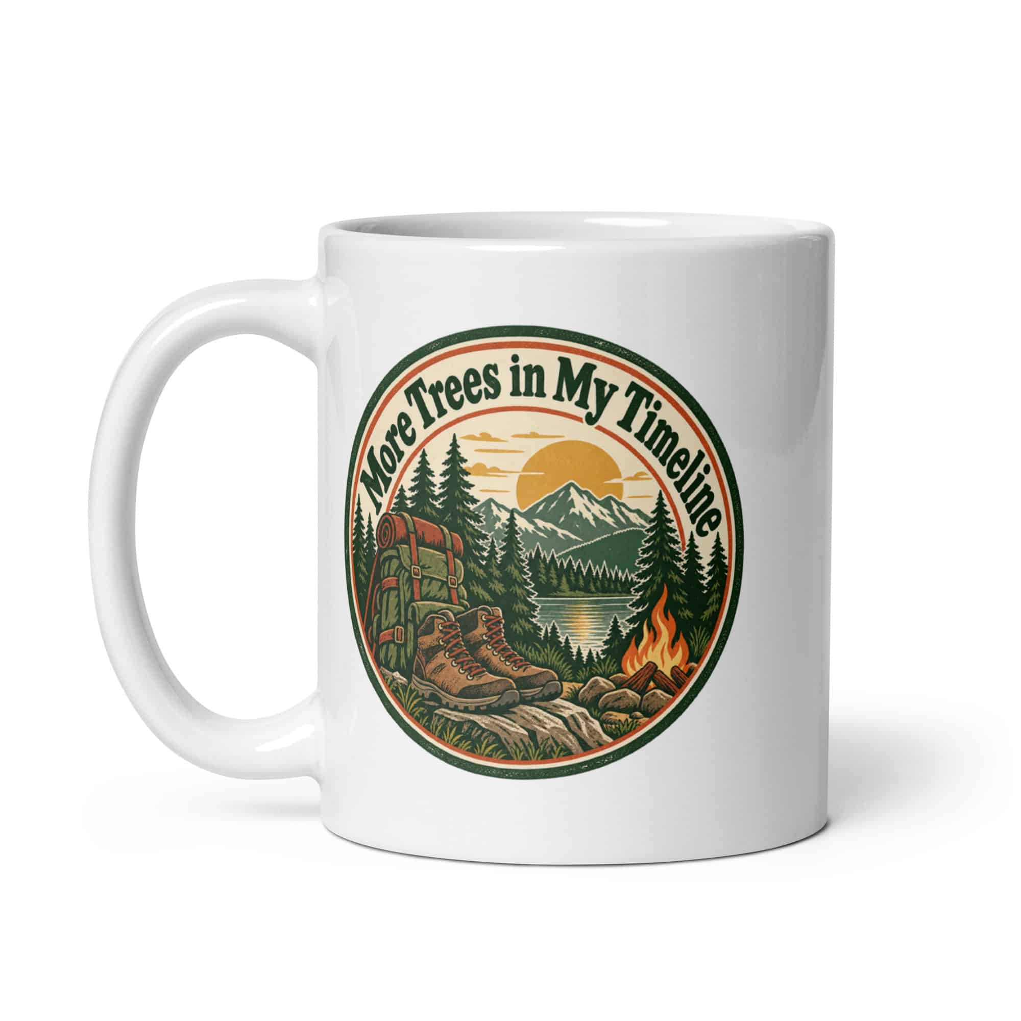 Nature and Adventure White Ceramic Coffee Mug: More Trees in My Timeline, Vintage Round Badge