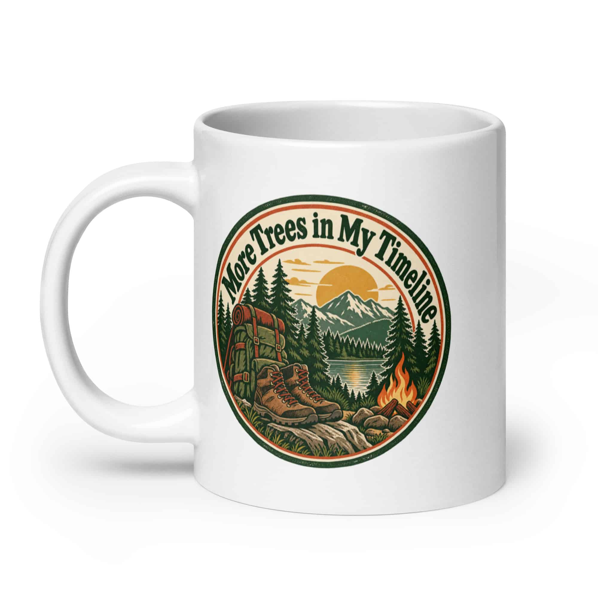 Nature and Adventure White Ceramic Coffee Mug: More Trees in My Timeline, Vintage Round Badge