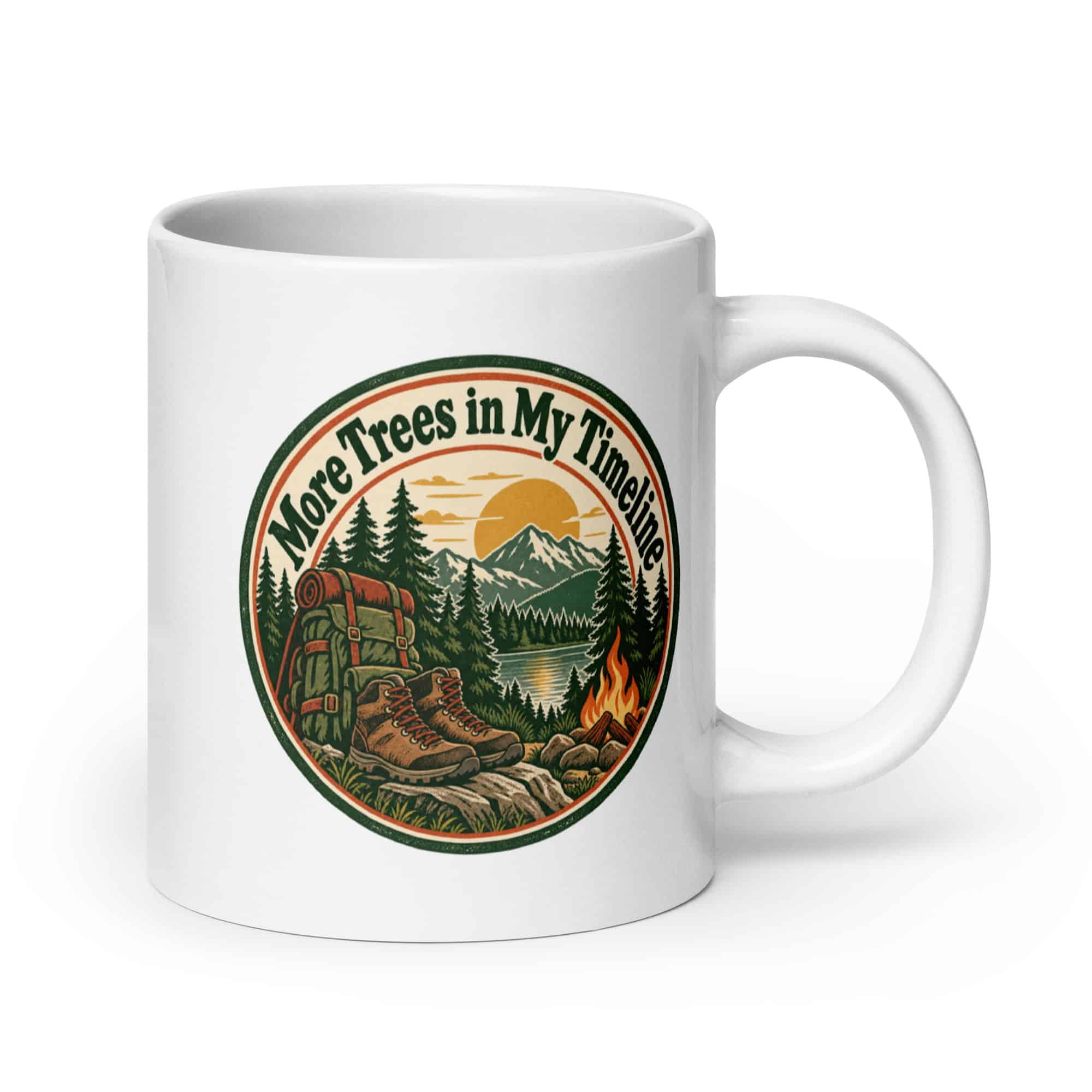 Nature and Adventure White Ceramic Coffee Mug: More Trees in My Timeline, Vintage Round Badge