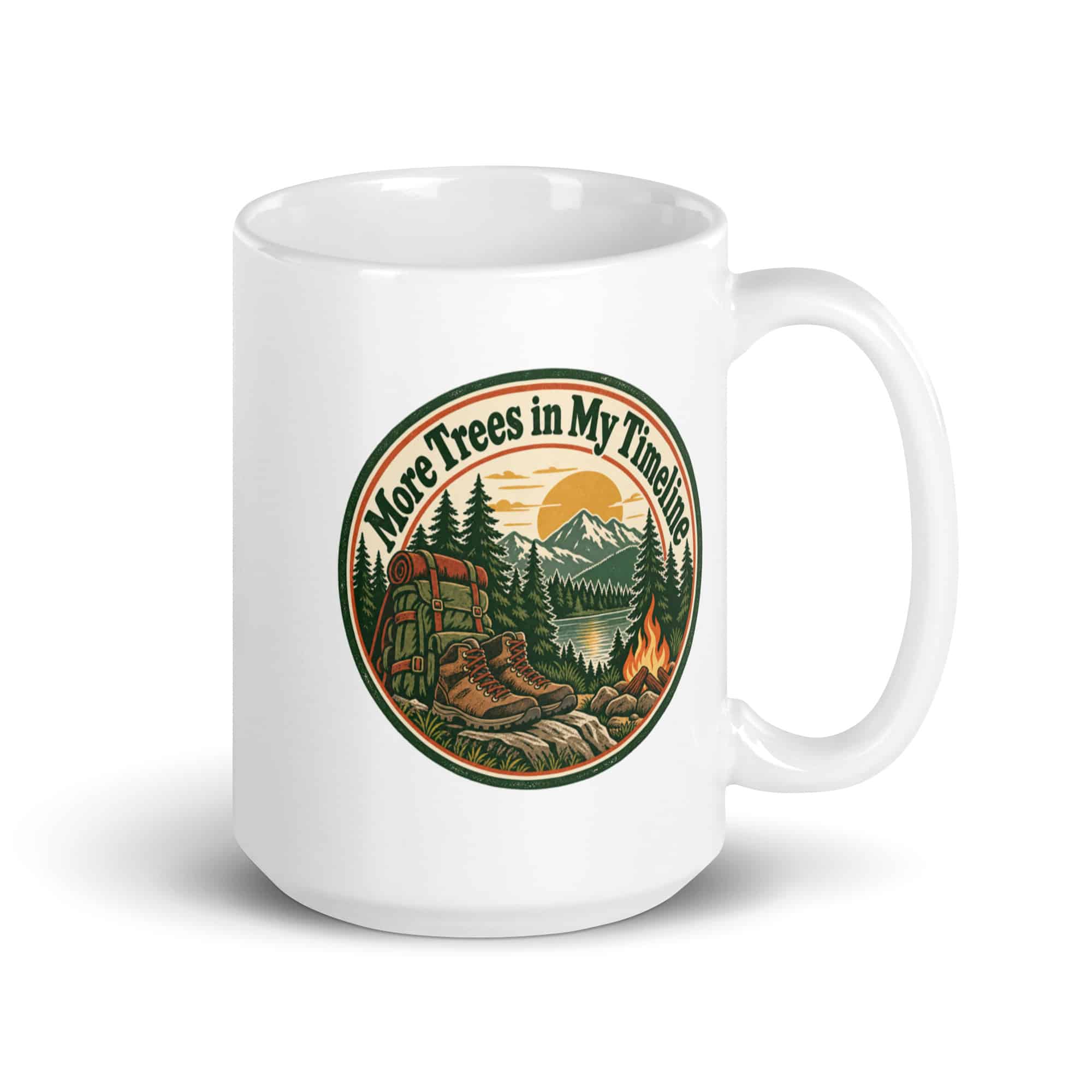 Nature and Adventure White Ceramic Coffee Mug: More Trees in My Timeline, Vintage Round Badge