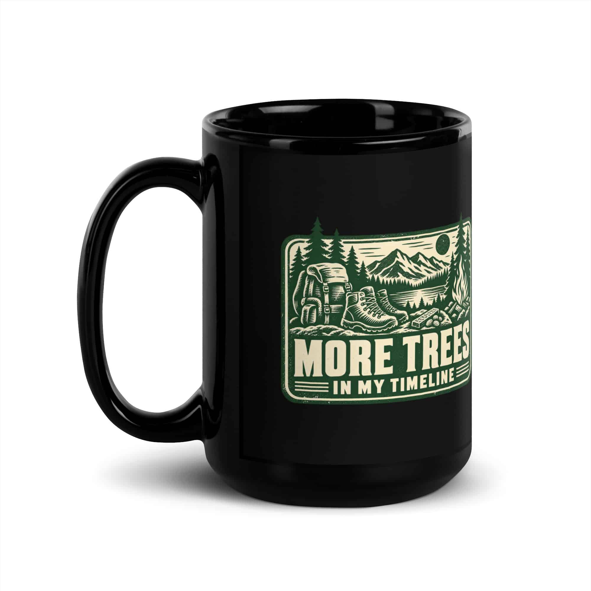 Nature and Adventure Black Coffee Mug: More Trees in My Timeline, Forest Ink Stamp