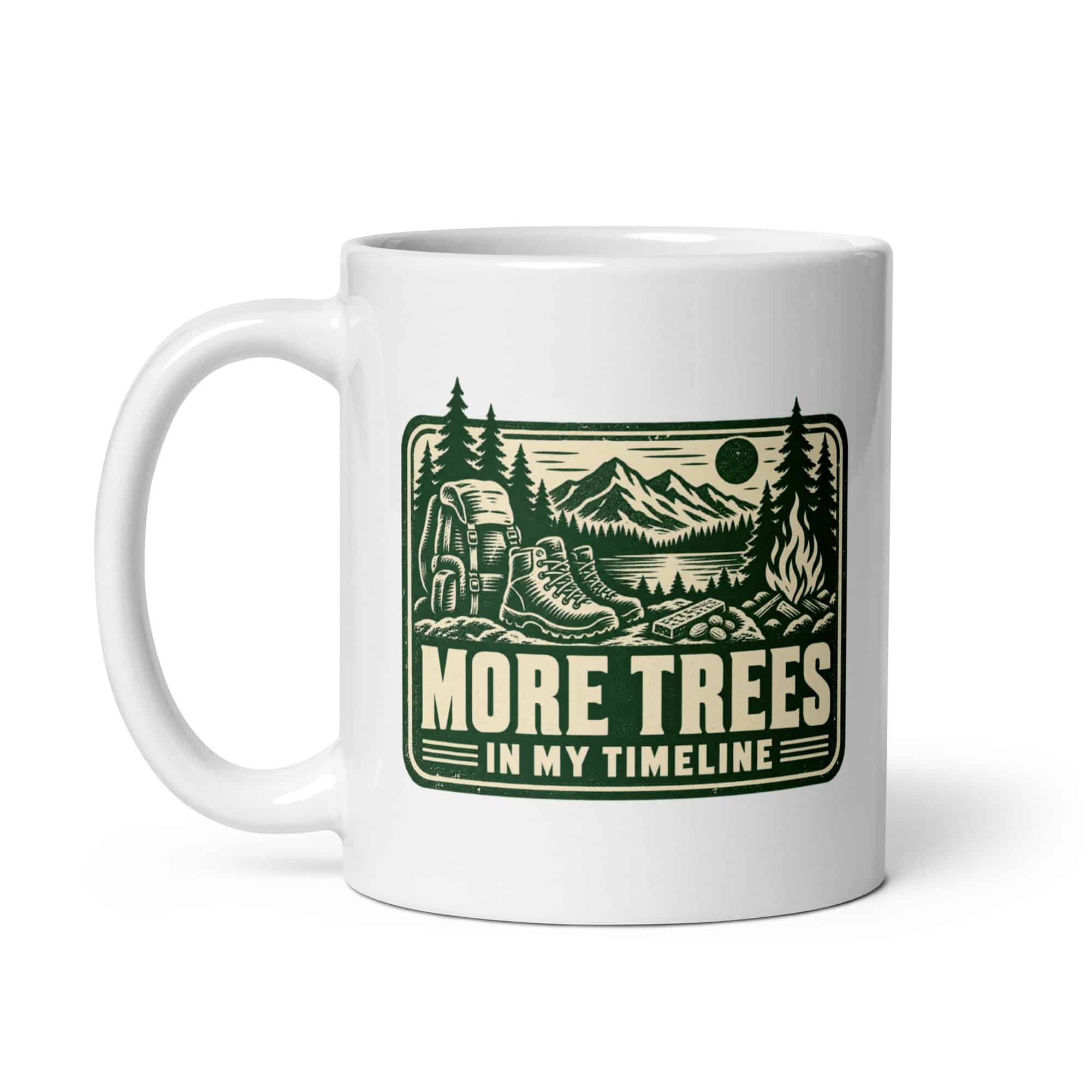 Nature and Adventure White Ceramic Coffee Mug: More Trees in My Timeline, Forest Ink Stamp