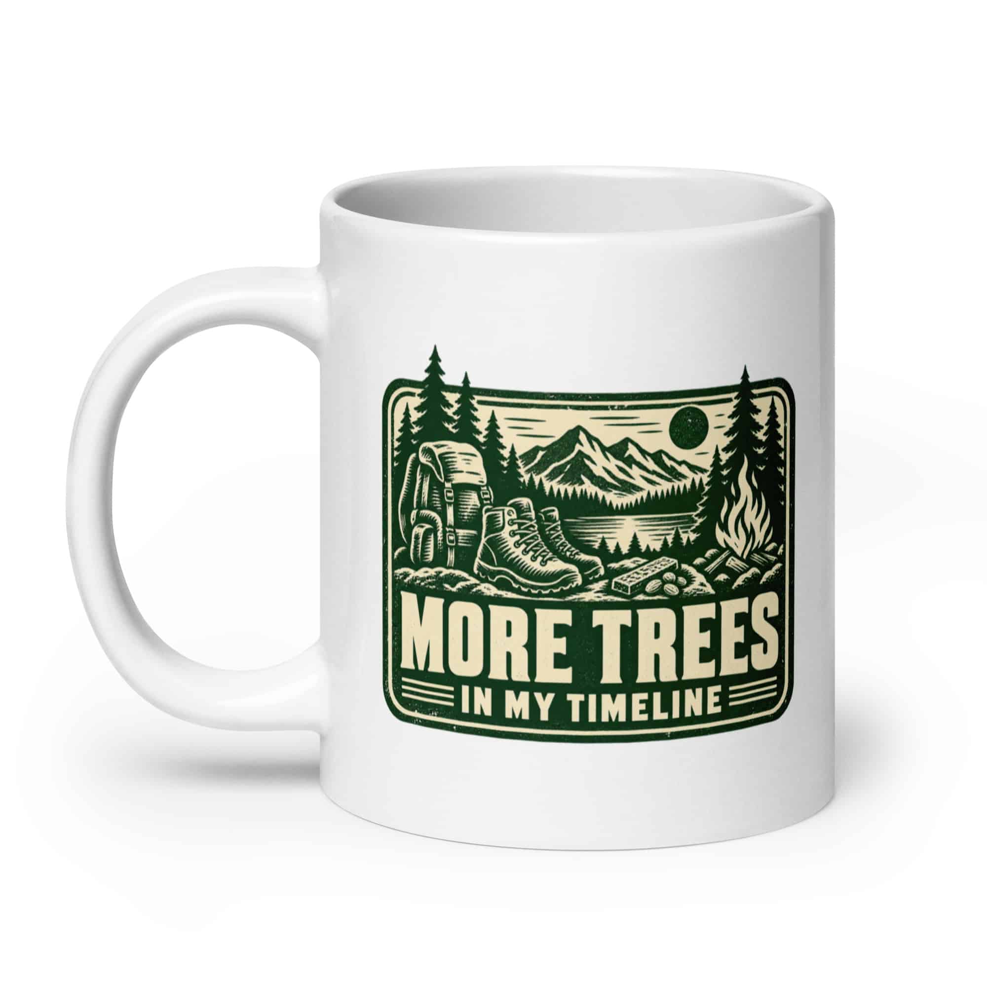 Nature and Adventure White Ceramic Coffee Mug: More Trees in My Timeline, Forest Ink Stamp