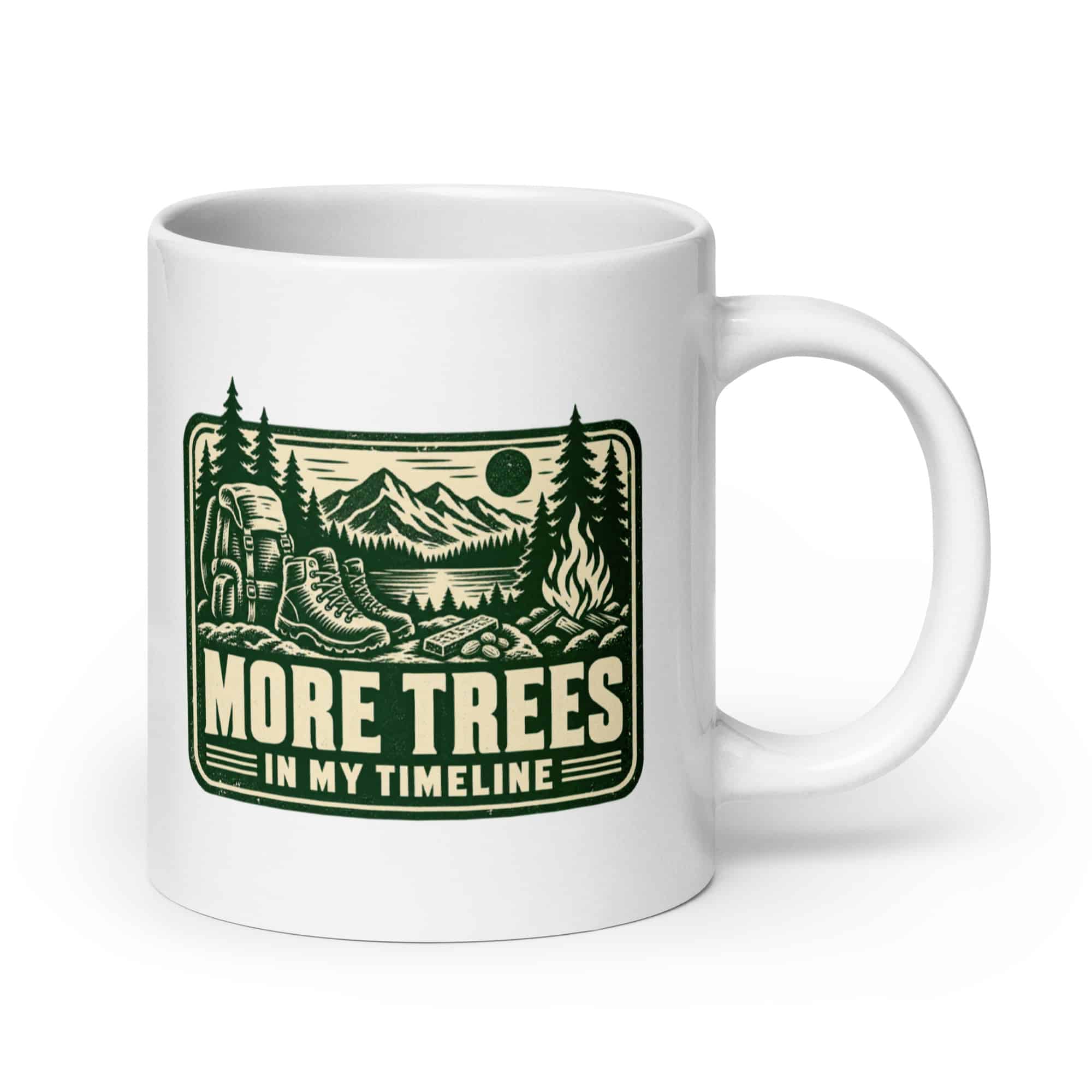 Nature and Adventure White Ceramic Coffee Mug: More Trees in My Timeline, Forest Ink Stamp