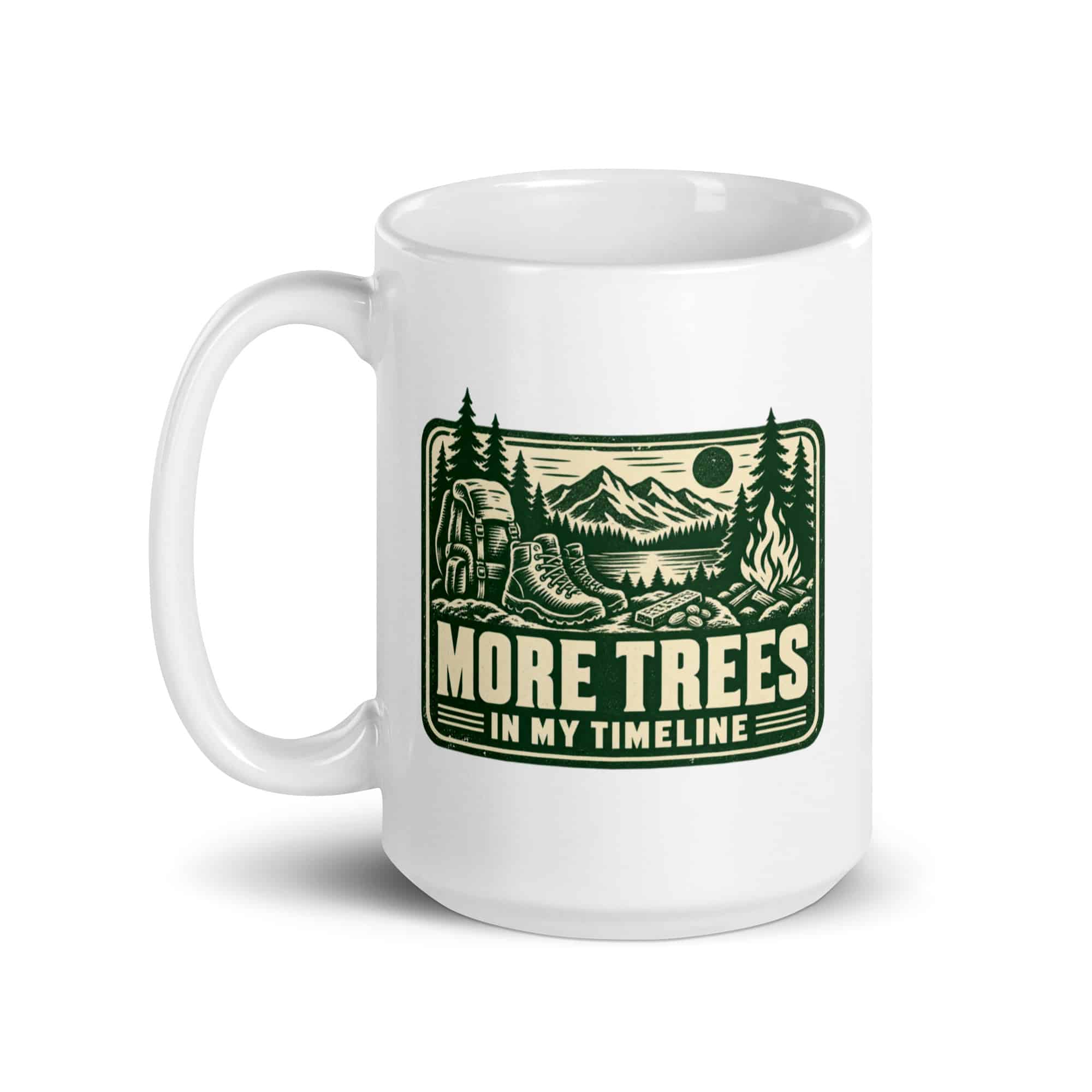 Nature and Adventure White Ceramic Coffee Mug: More Trees in My Timeline, Forest Ink Stamp