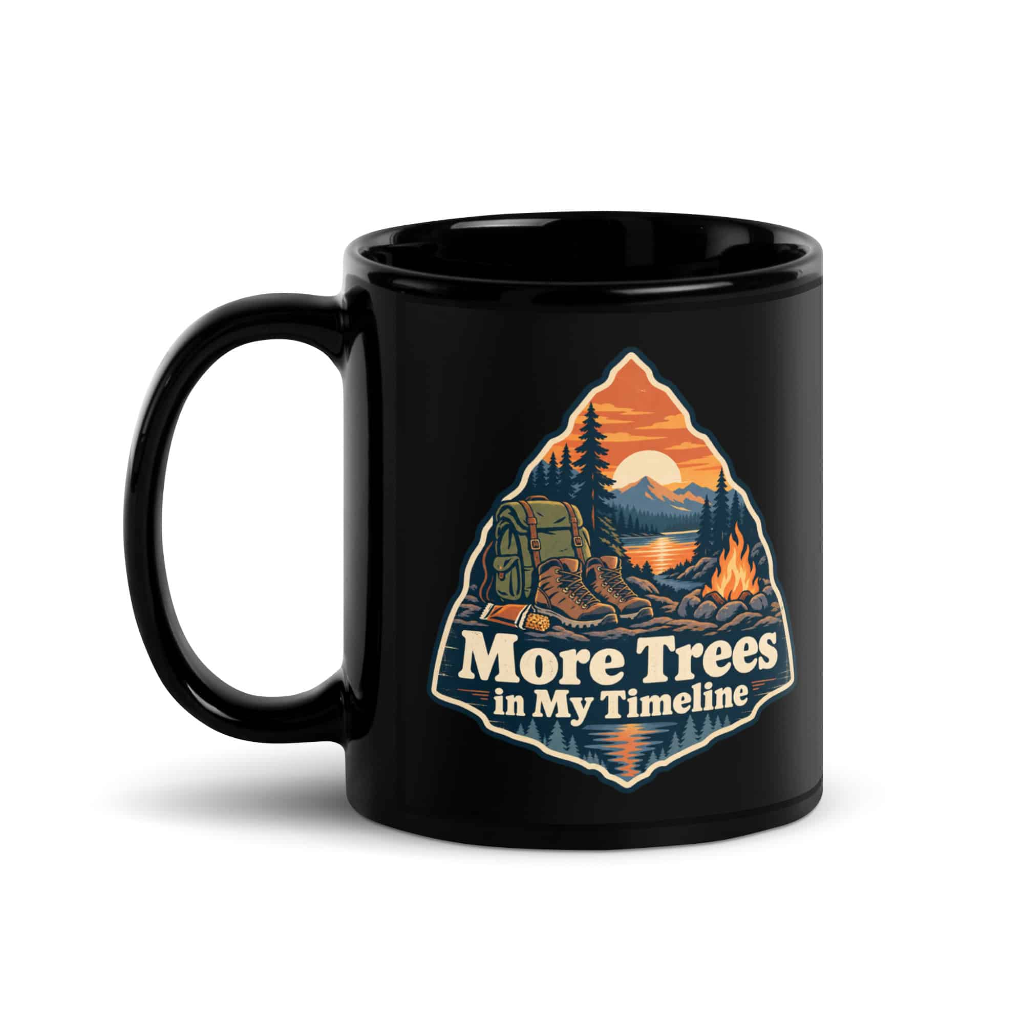 Nature and Adventure Black Coffee Mug: More Trees in My Timeline, Scenic Shield Badge