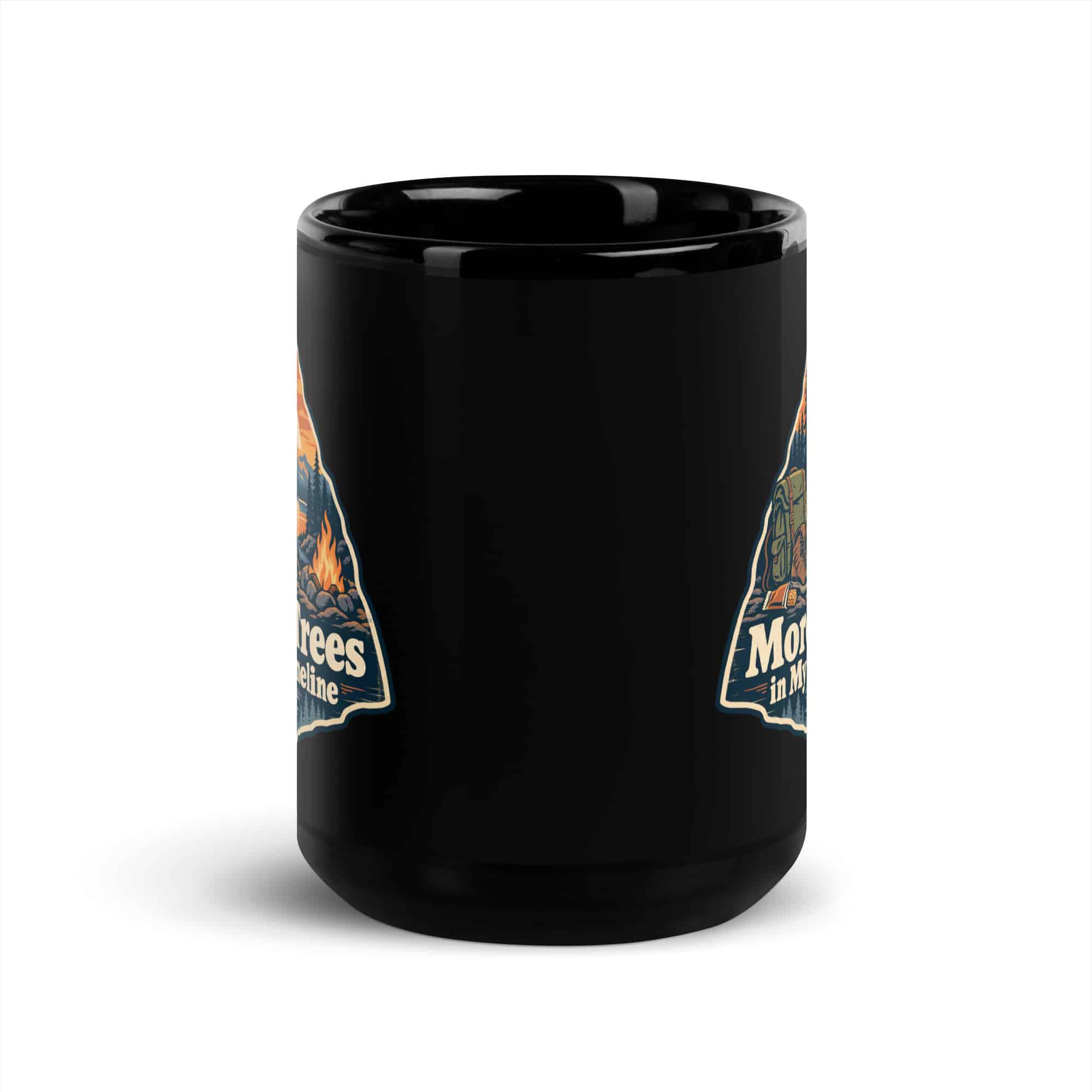 Nature and Adventure Black Coffee Mug: More Trees in My Timeline, Scenic Shield Badge