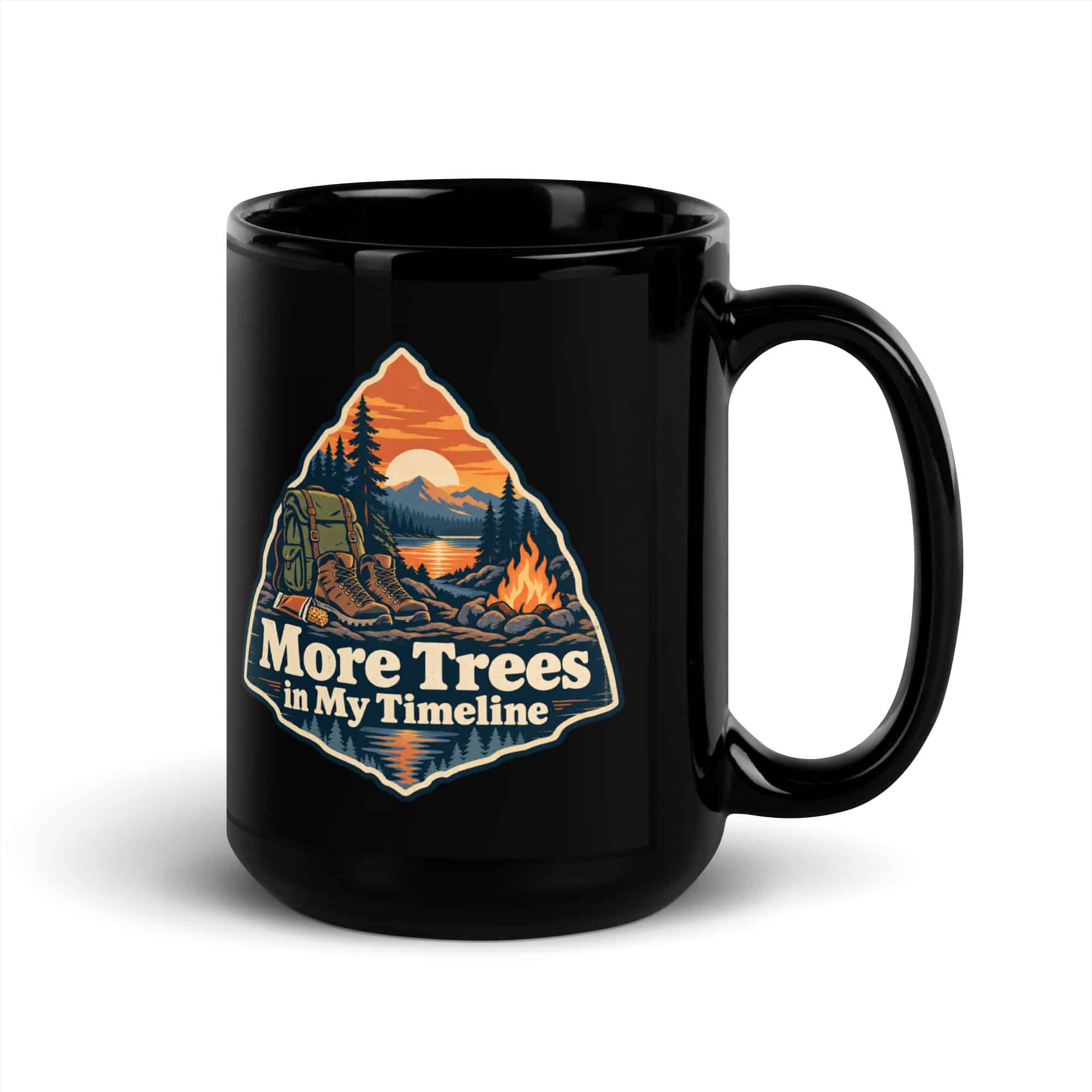 Nature and Adventure Black Coffee Mug: More Trees in My Timeline, Scenic Shield Badge