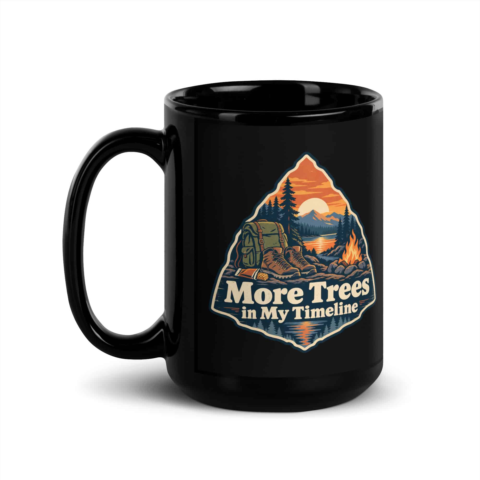 Nature and Adventure Black Coffee Mug: More Trees in My Timeline, Scenic Shield Badge
