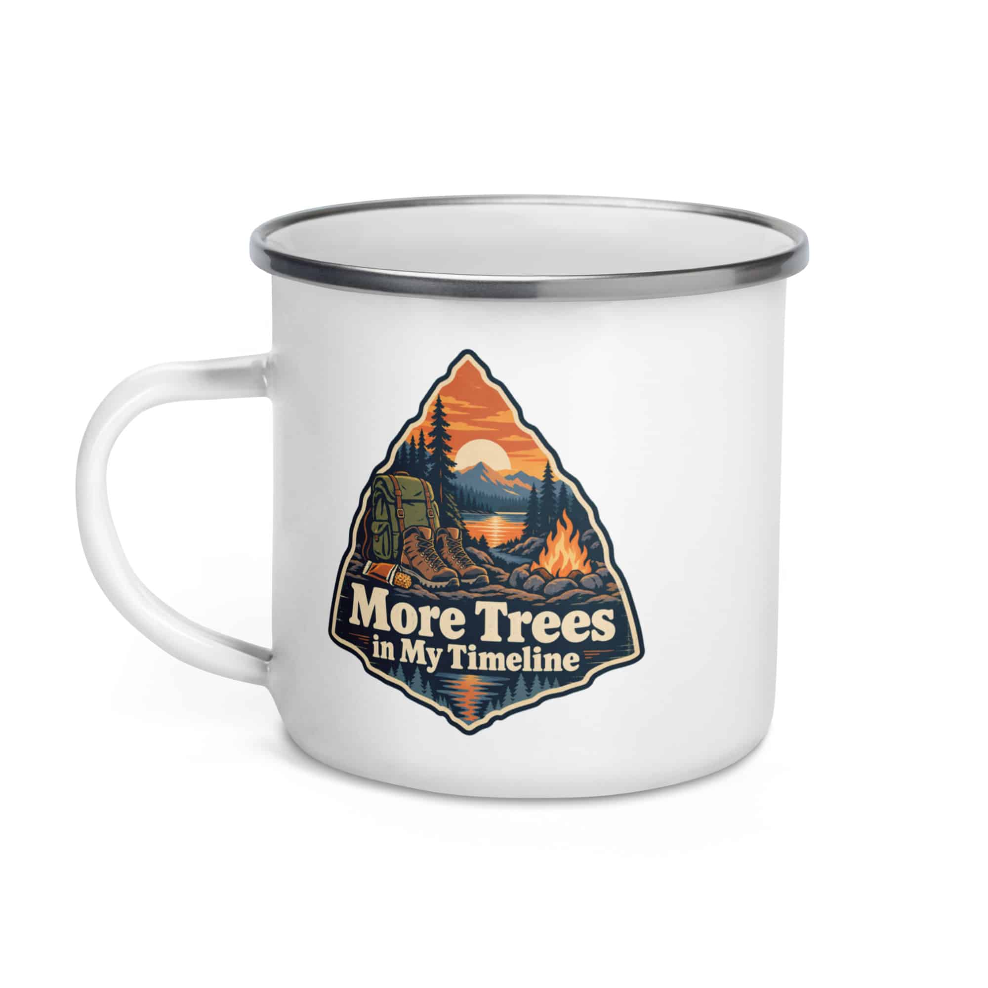 Nature and Adventure Enamel Camp Mug: More Trees in My Timeline, Scenic Shield Badge