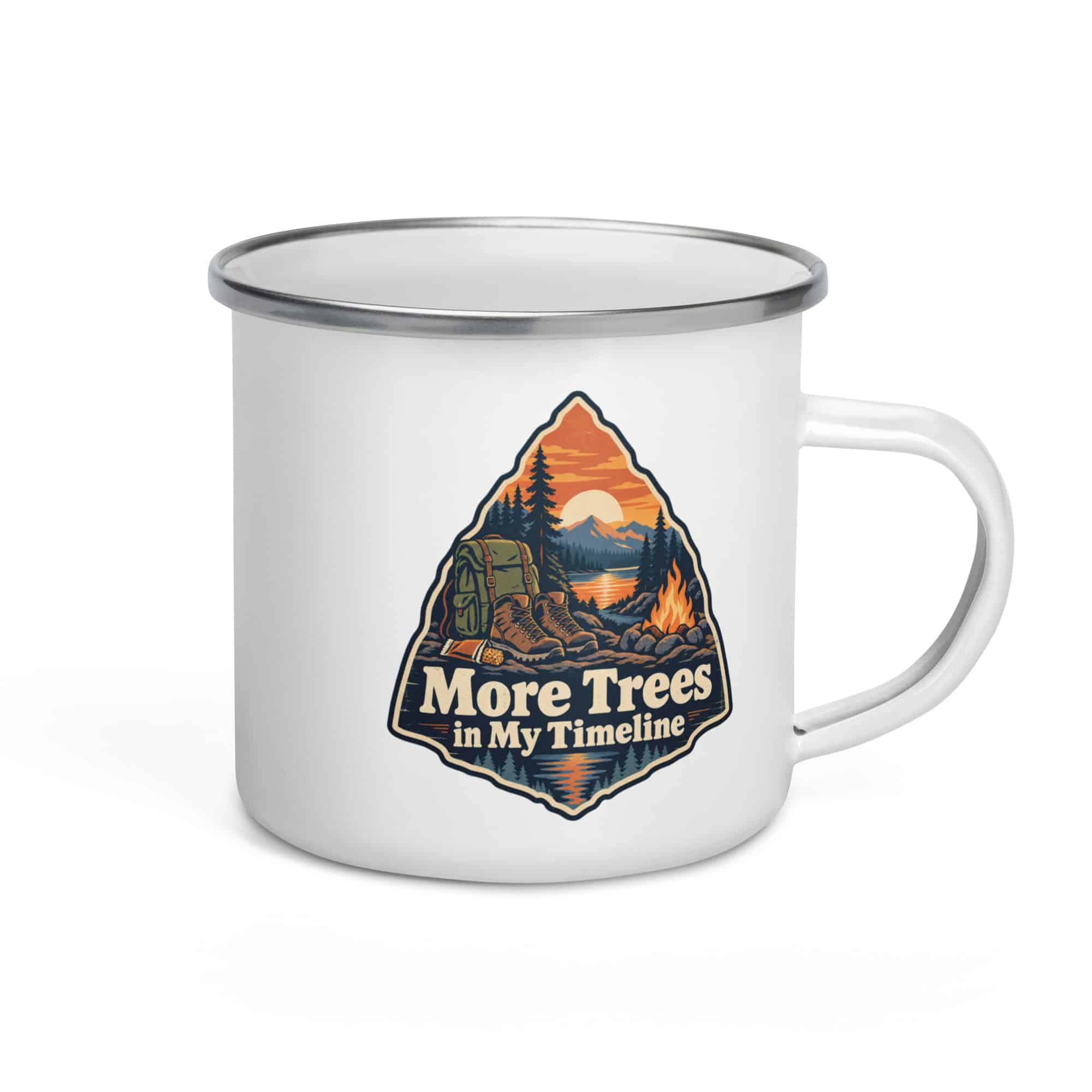 Nature and Adventure Enamel Camp Mug: More Trees in My Timeline, Scenic Shield Badge