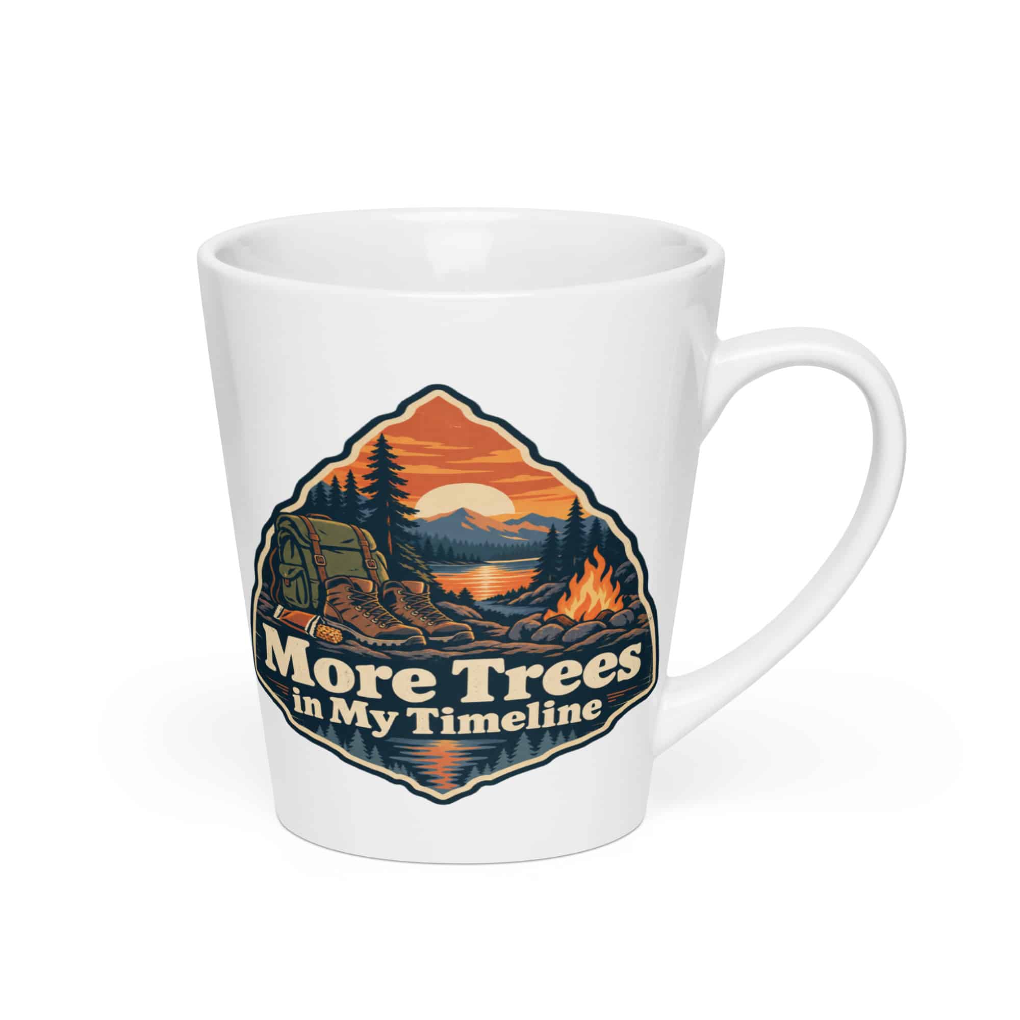 Nature and Adventure Latte Mug: More Trees in My Timeline, Scenic Shield Badge