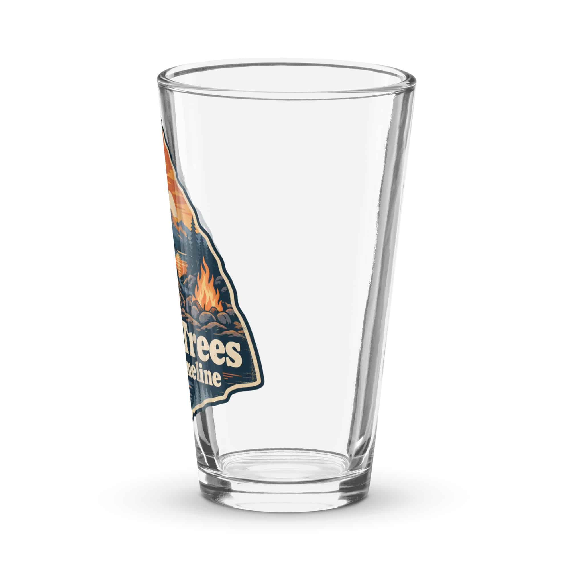 Nature and Adventure Pint Glass: More Trees in My Timeline, Scenic Shield Badge