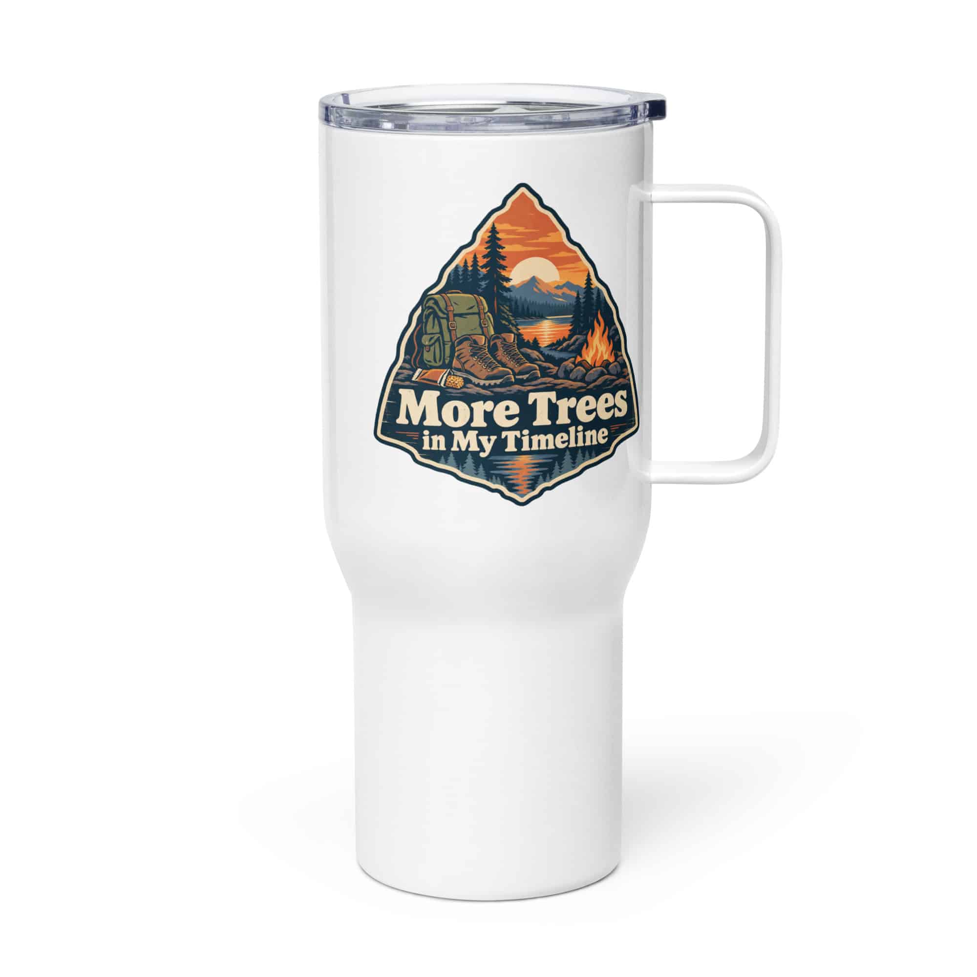 Nature and Adventure Travel Mug: More Trees in My Timeline, Scenic Shield Badge