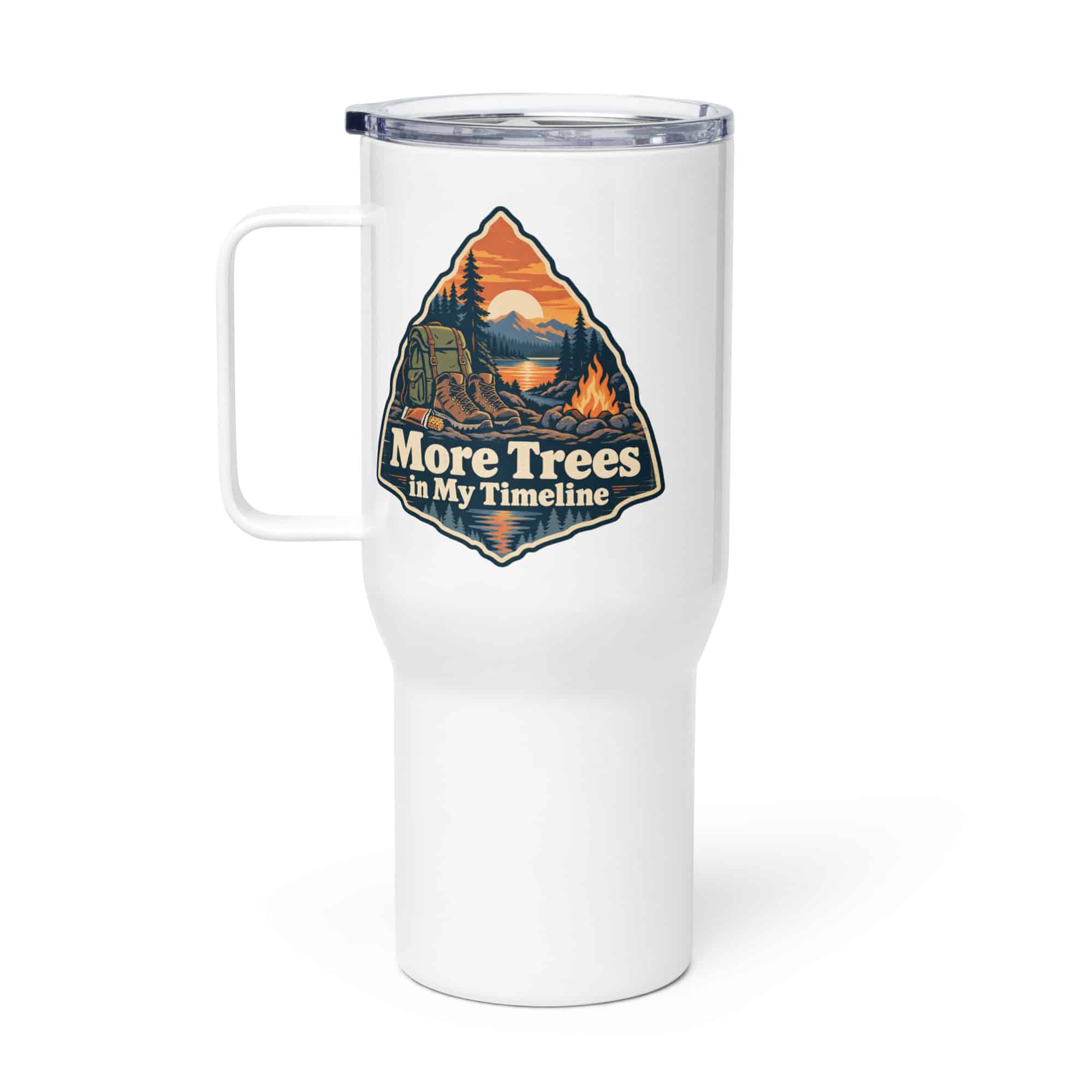 Nature and Adventure Travel Mug: More Trees in My Timeline, Scenic Shield Badge