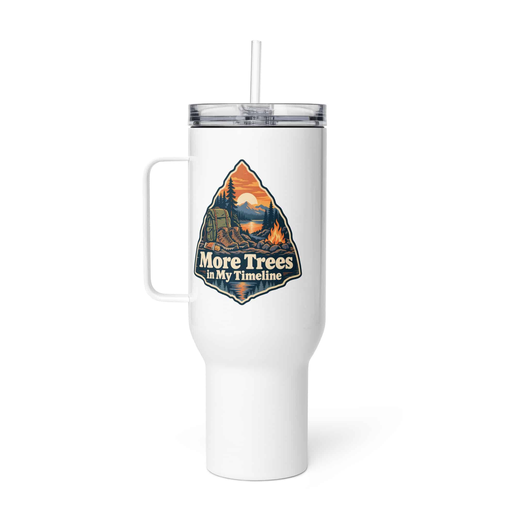Nature and Adventure Travel Mug: More Trees in My Timeline, Scenic Shield Badge