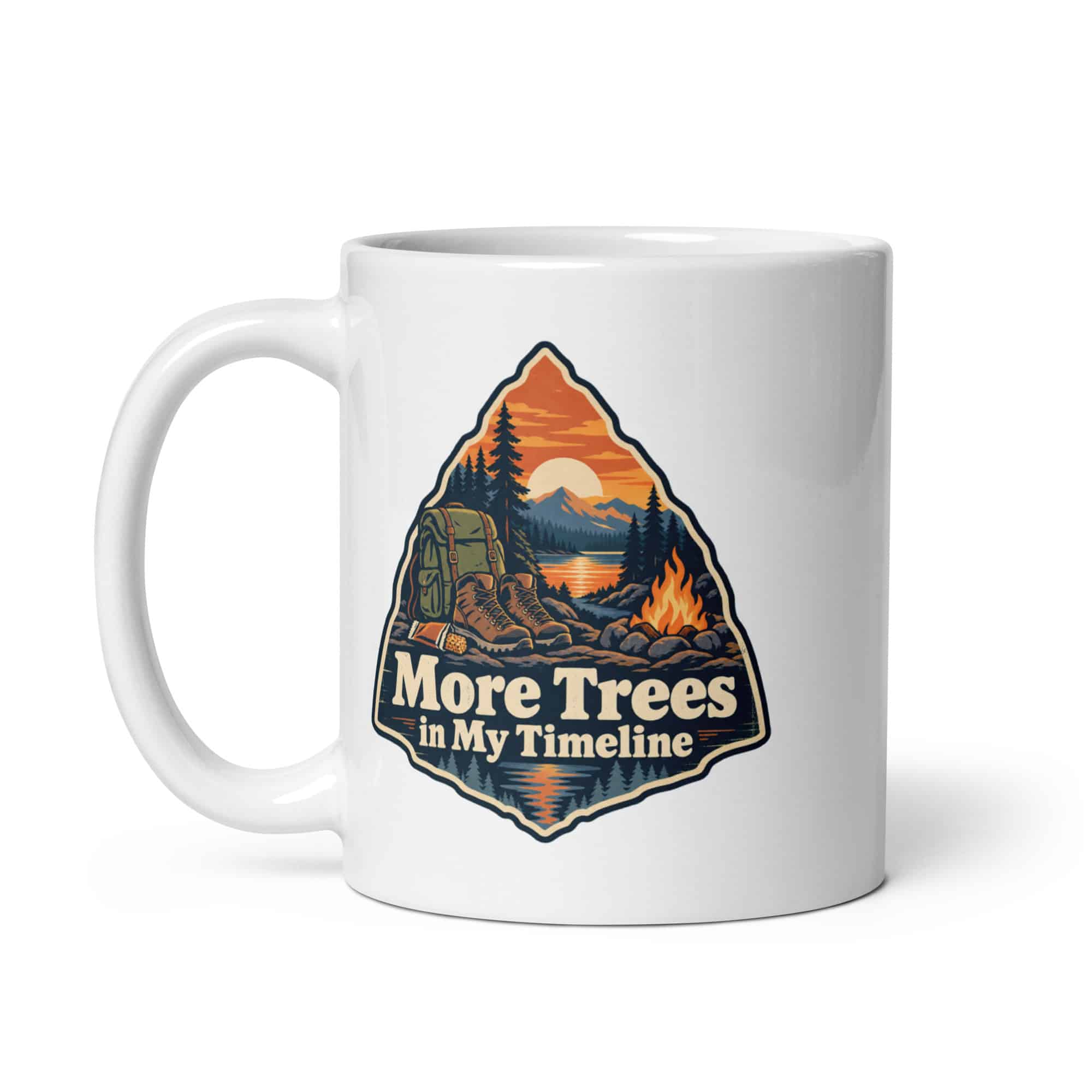 Nature and Adventure White Ceramic Coffee Mug: More Trees in My Timeline, Scenic Shield Badge