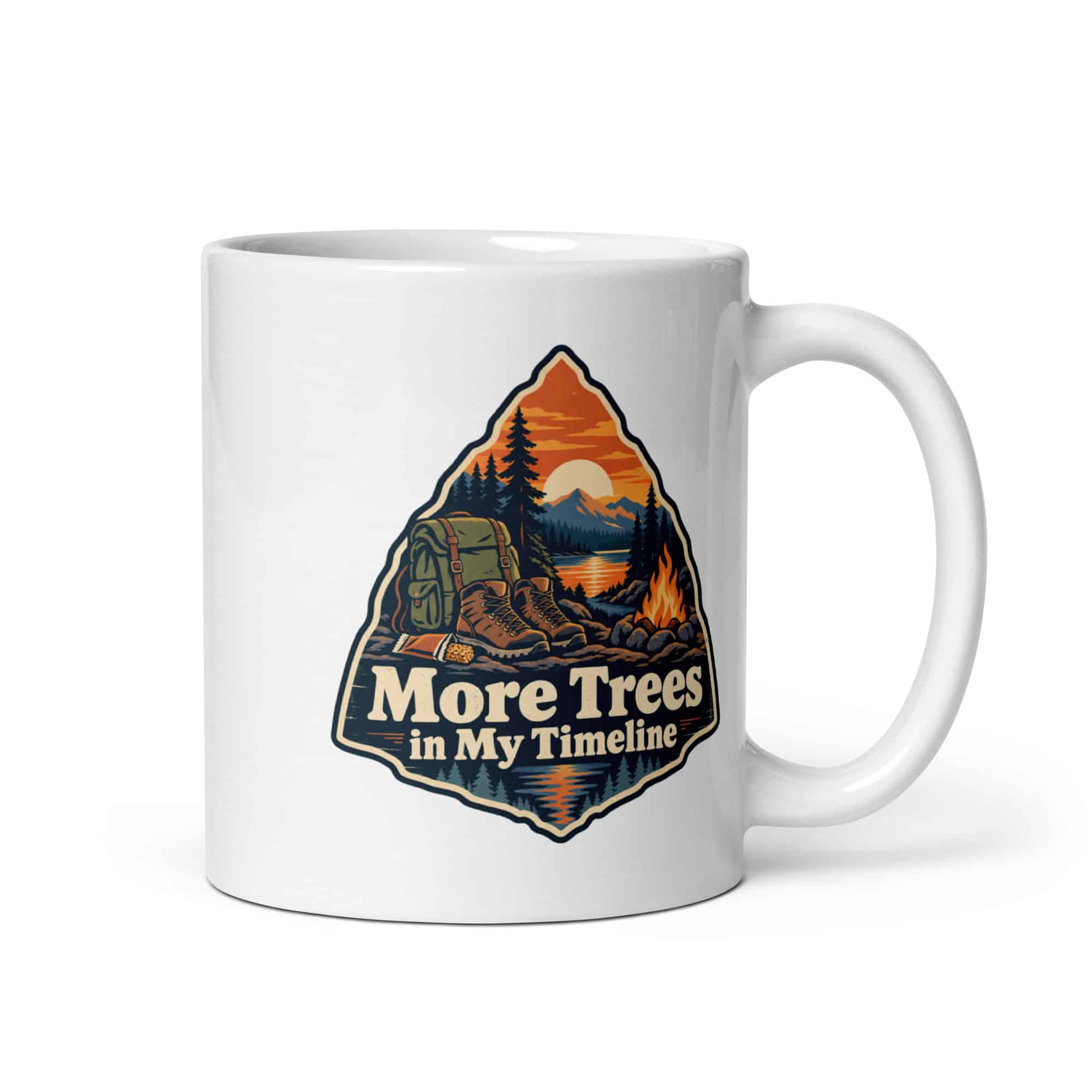 Nature and Adventure White Ceramic Coffee Mug: More Trees in My Timeline, Scenic Shield Badge
