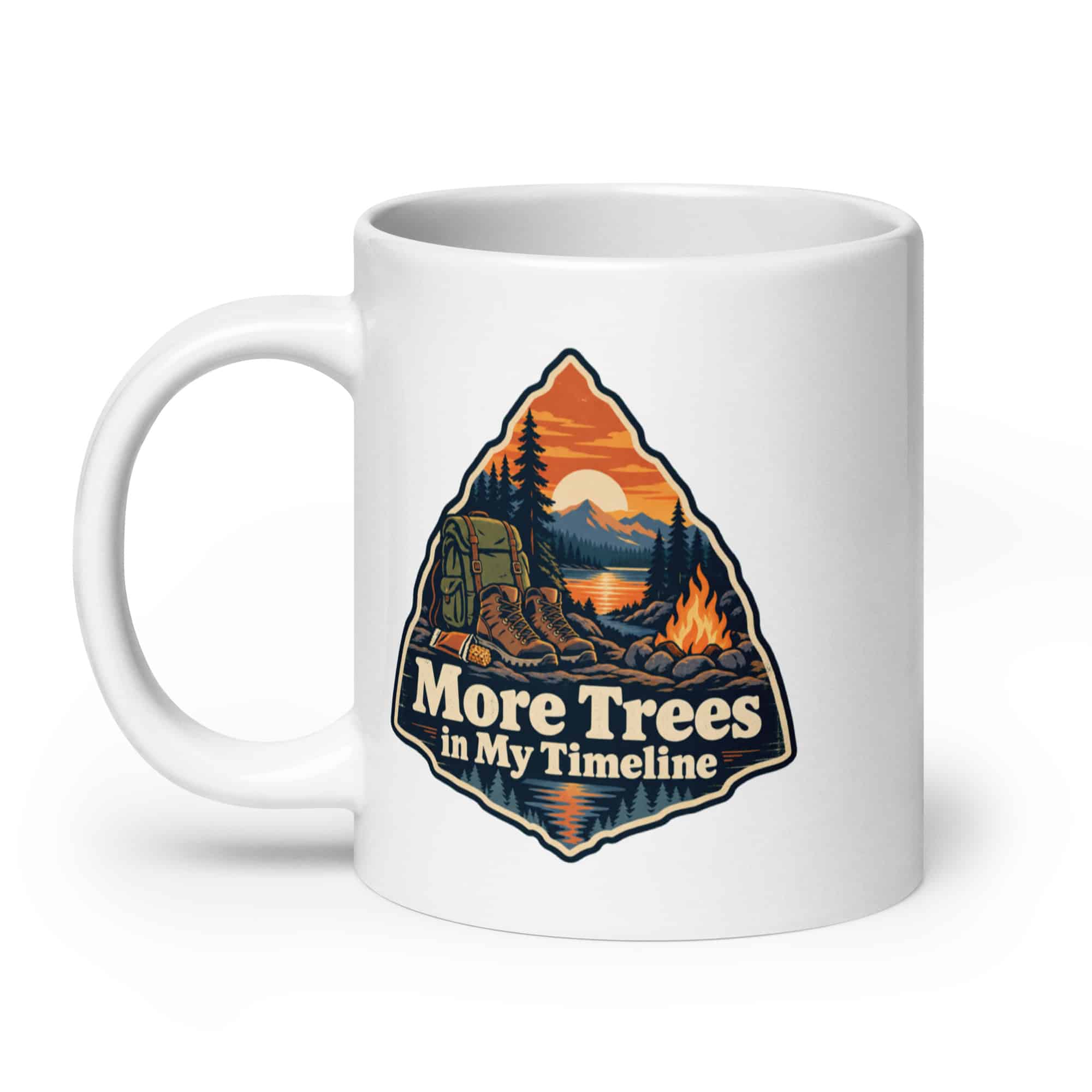 Nature and Adventure White Ceramic Coffee Mug: More Trees in My Timeline, Scenic Shield Badge