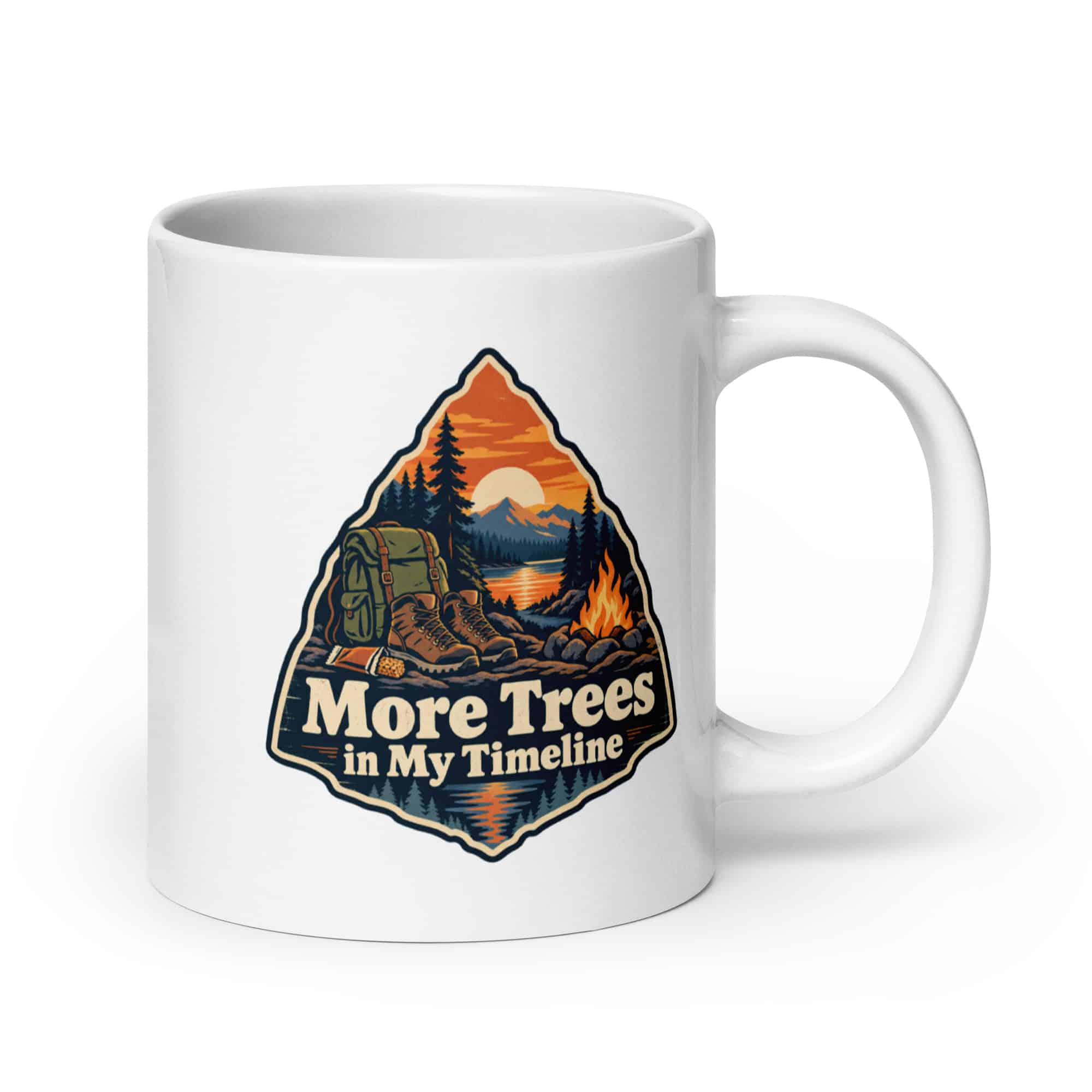 Nature and Adventure White Ceramic Coffee Mug: More Trees in My Timeline, Scenic Shield Badge